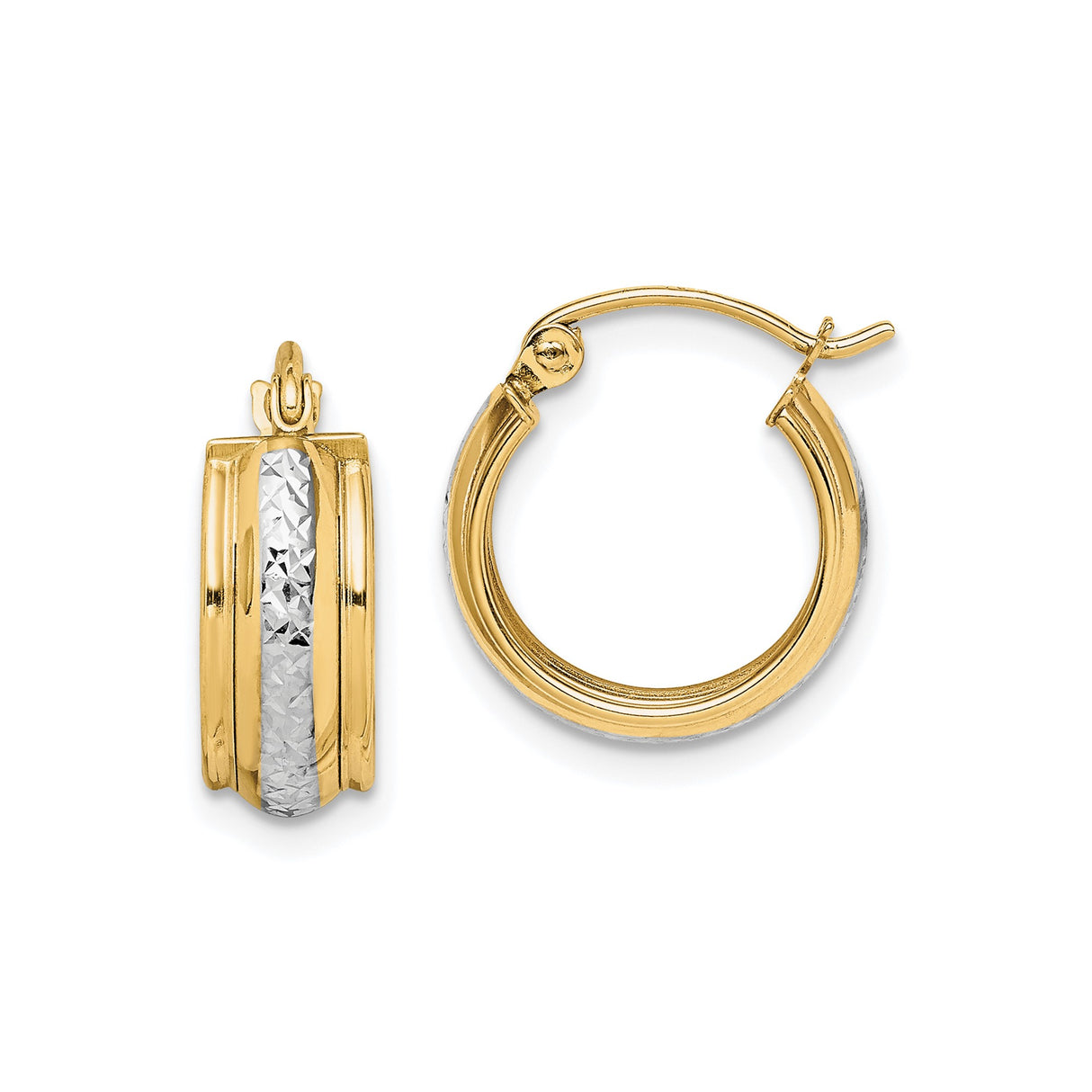 10k Yellow Gold Hoop Earrings with Rhodium Diamond-Cut Center, Two-Tone Textured Design