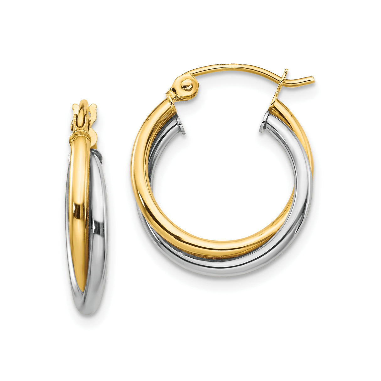 10k Yellow Gold Hoop Earrings with Intertwined Two-Tone Crossover Design for Women