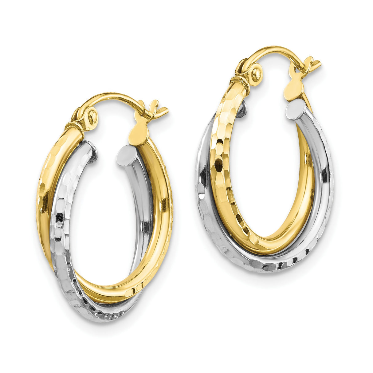 10k Two-Tone Gold Hoop Earrings with Hammered Finish, Lightweight Round Design for Women