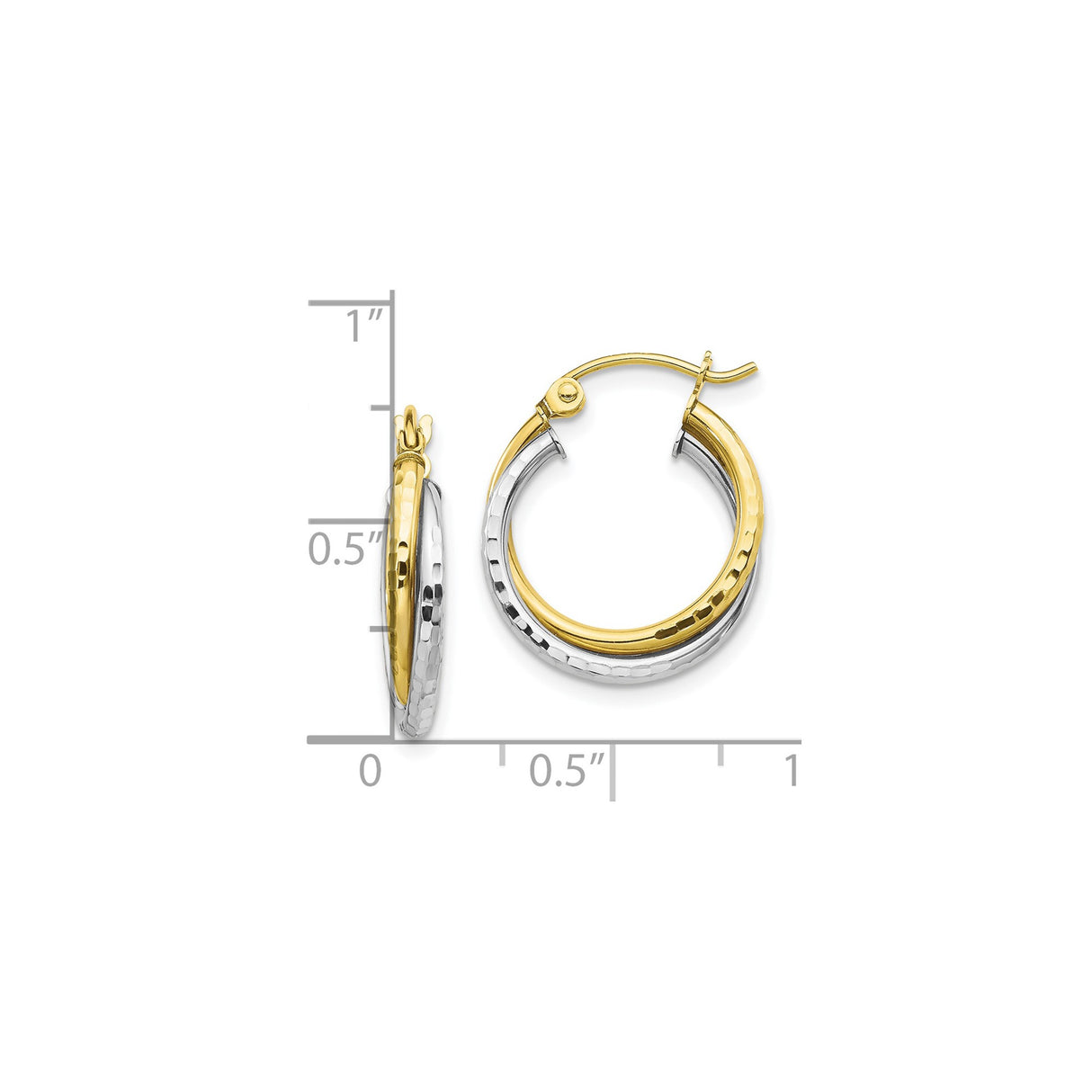 10k Two-Tone Gold Hoop Earrings with Hammered Finish, Lightweight Round Design for Women