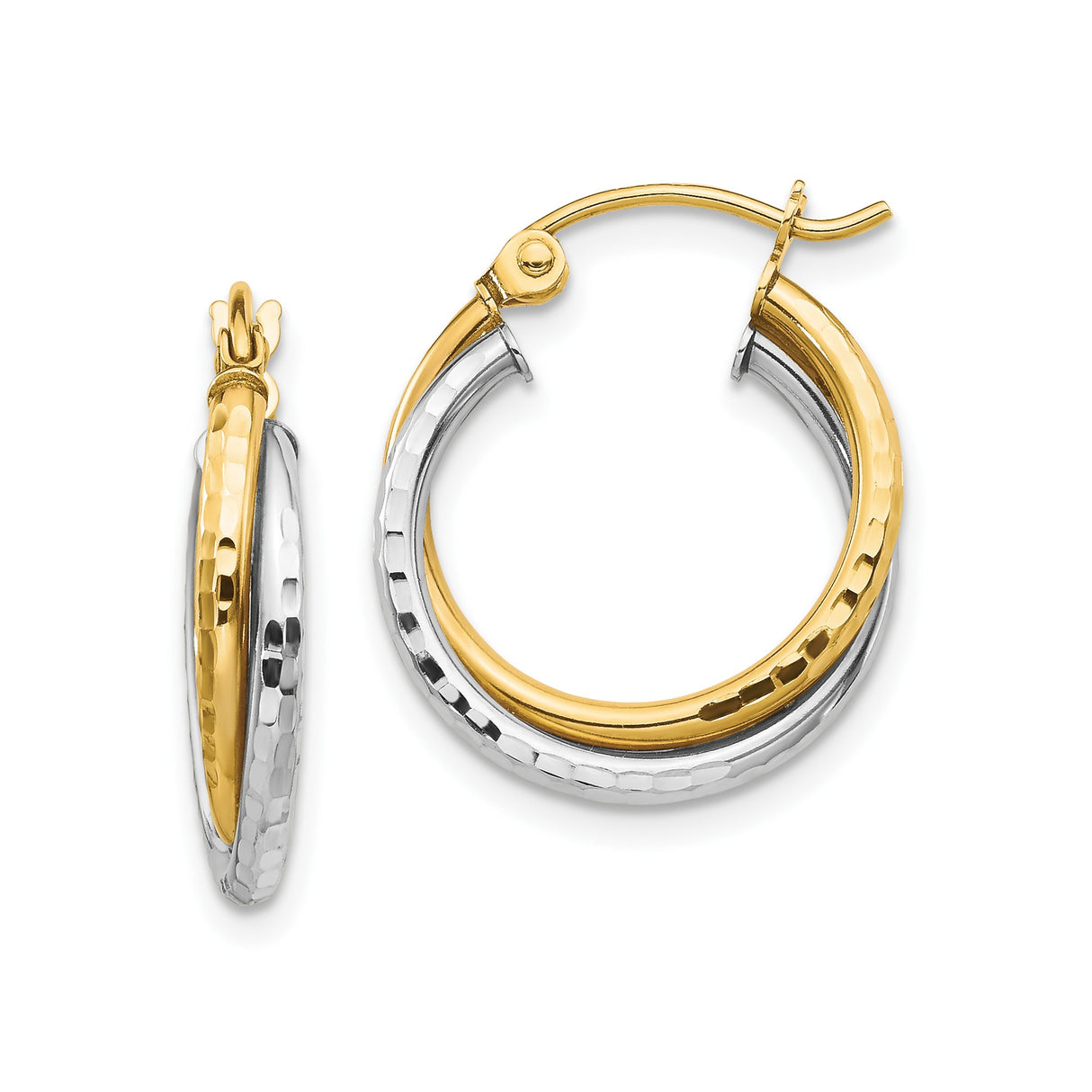 10k Two-Tone Gold Hoop Earrings with Hammered Finish, Lightweight Round Design for Women