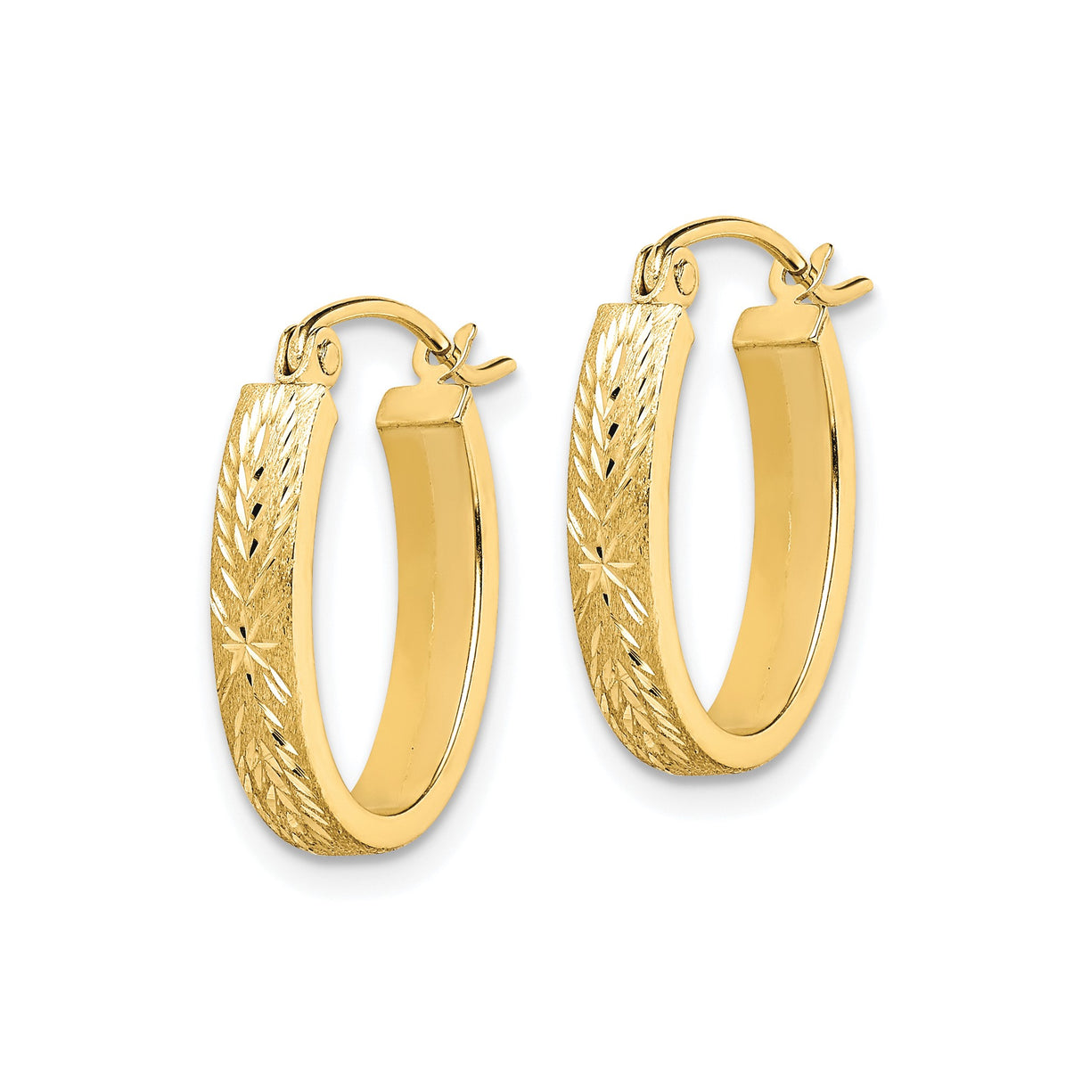 10k Yellow Gold Oval Hoop Earrings with Textured Floral and Leaf Design