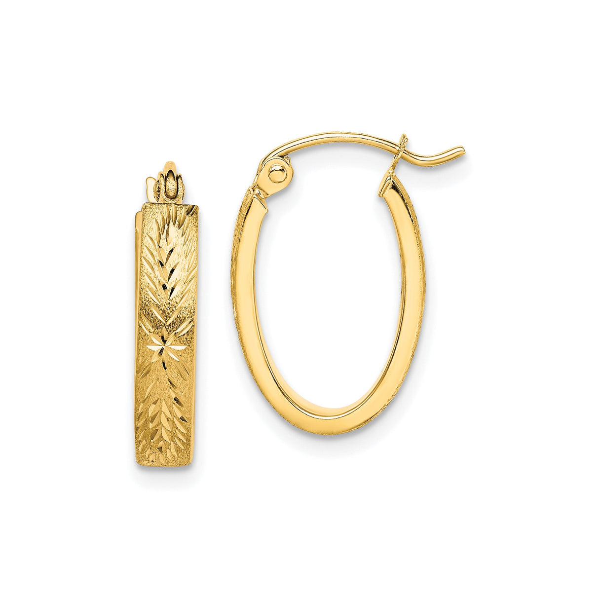 10k Yellow Gold Oval Hoop Earrings with Textured Floral and Leaf Design