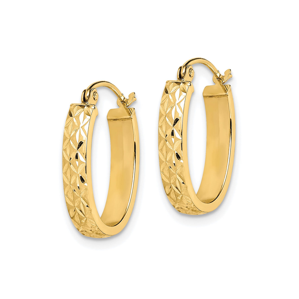 10k Yellow Gold Oval Hoop Earrings, Diamond Cut Textured Design, Lightweight with Latch Back Closure
