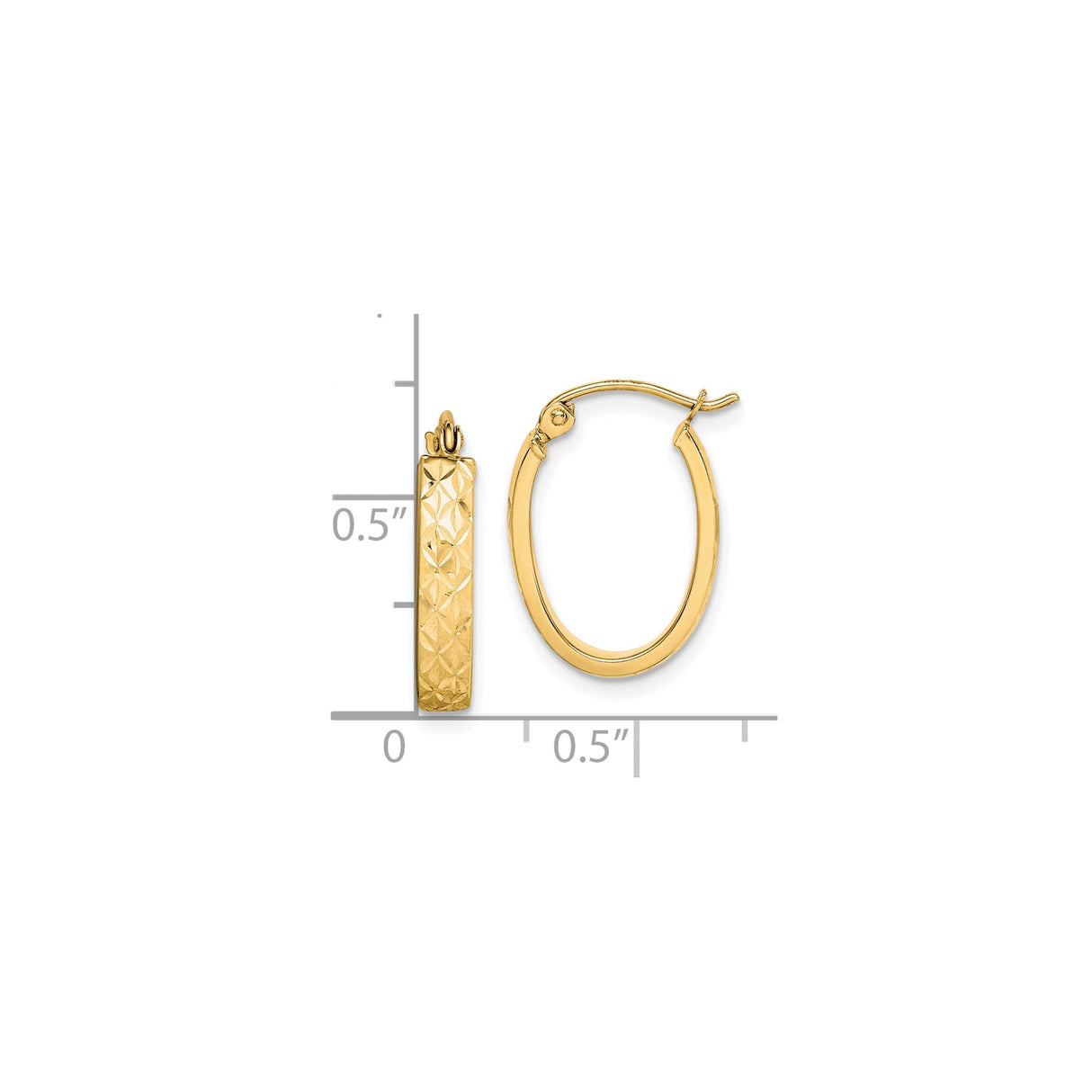 10k Yellow Gold Oval Hoop Earrings, Diamond Cut Textured Design, Lightweight with Latch Back Closure