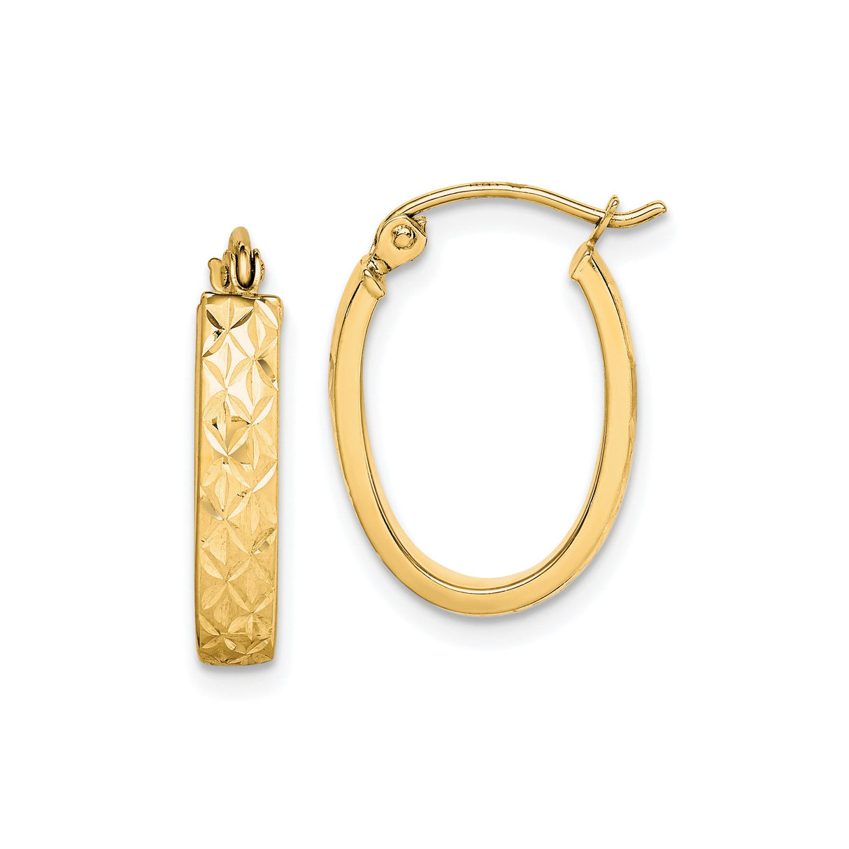10k Yellow Gold Oval Hoop Earrings, Diamond Cut Textured Design, Lightweight with Latch Back Closure