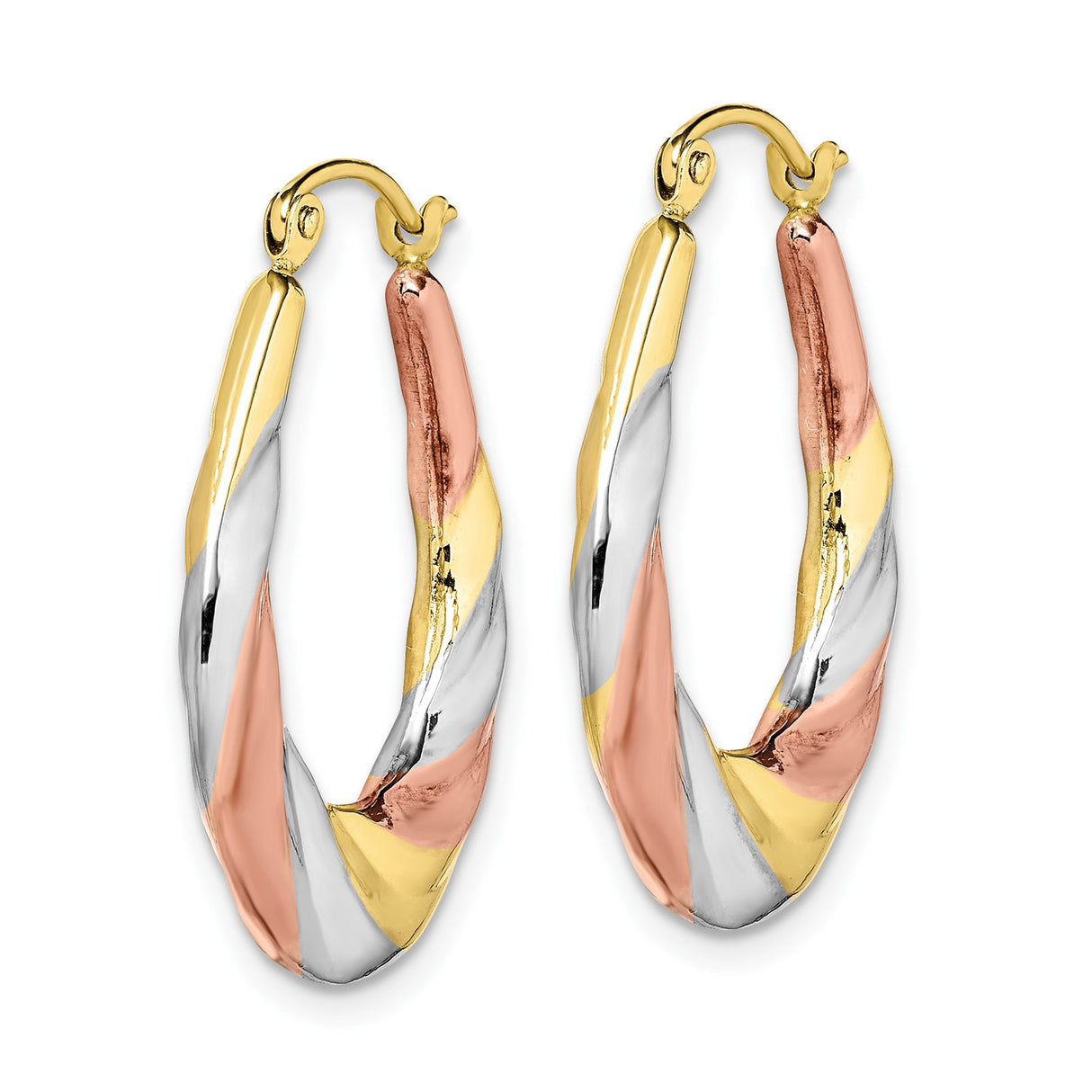 10k Yellow Gold Hoop Earrings, Twisted Teardrop Design with Rhodium and Rose Accents, Tri-Color Oval Hoops