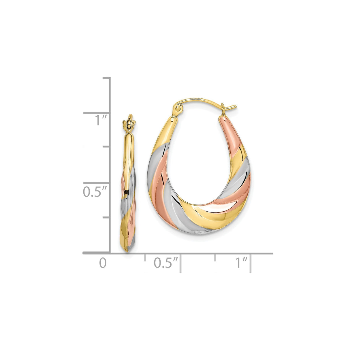 10k Yellow Gold Hoop Earrings, Twisted Teardrop Design with Rhodium and Rose Accents, Tri-Color Oval Hoops