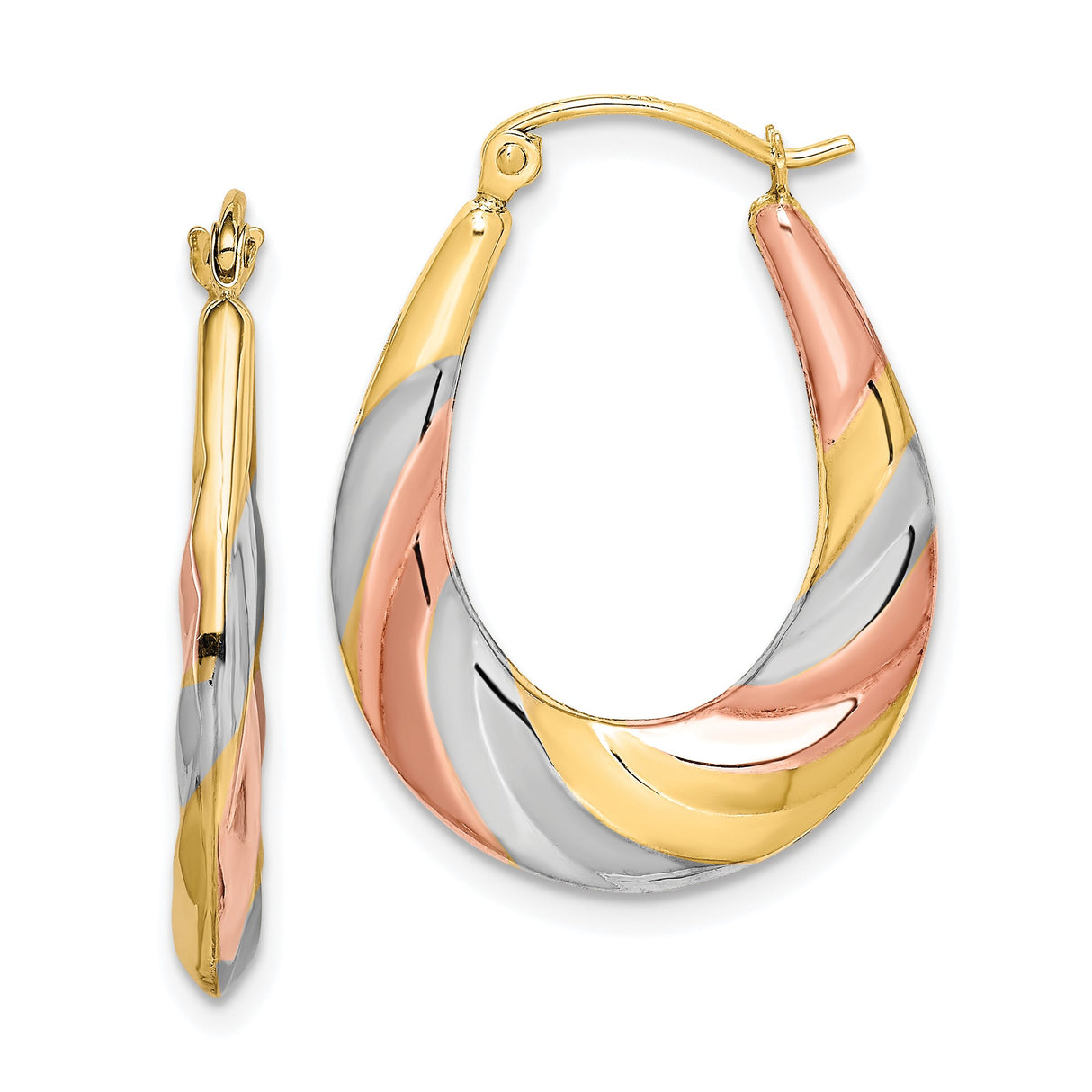 10k Yellow Gold Hoop Earrings, Twisted Teardrop Design with Rhodium and Rose Accents, Tri-Color Oval Hoops