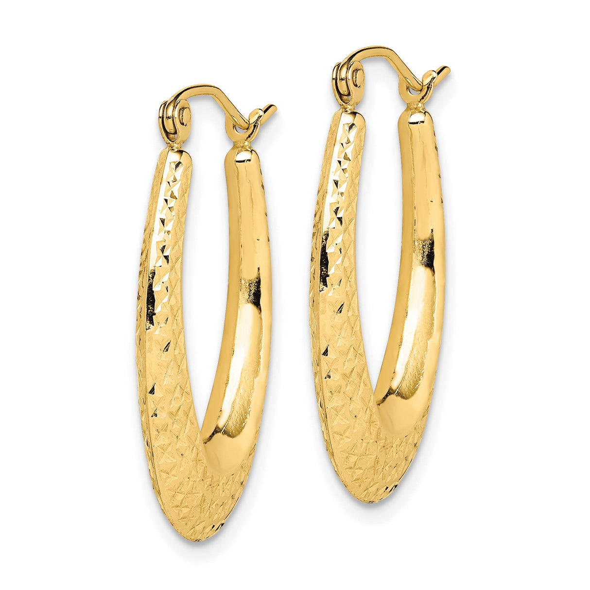 10k Yellow Gold Oval Hoop Earrings, Textured Diamond-Cut Teardrop Tapered Design for Women