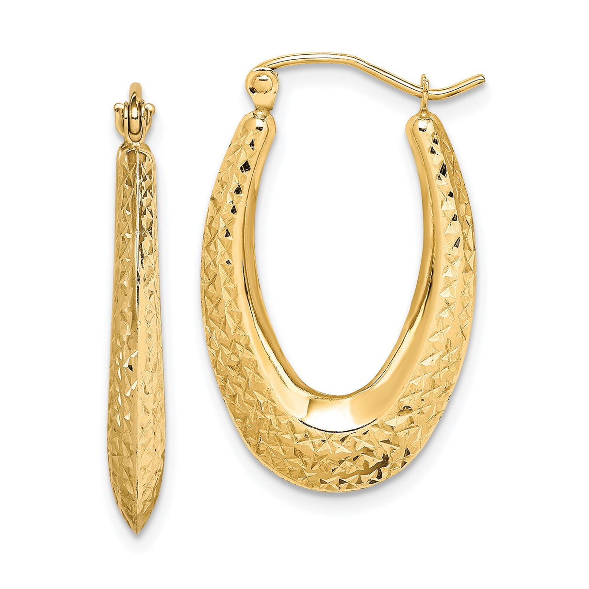 10k Yellow Gold Oval Hoop Earrings, Textured Diamond-Cut Teardrop Tapered Design for Women
