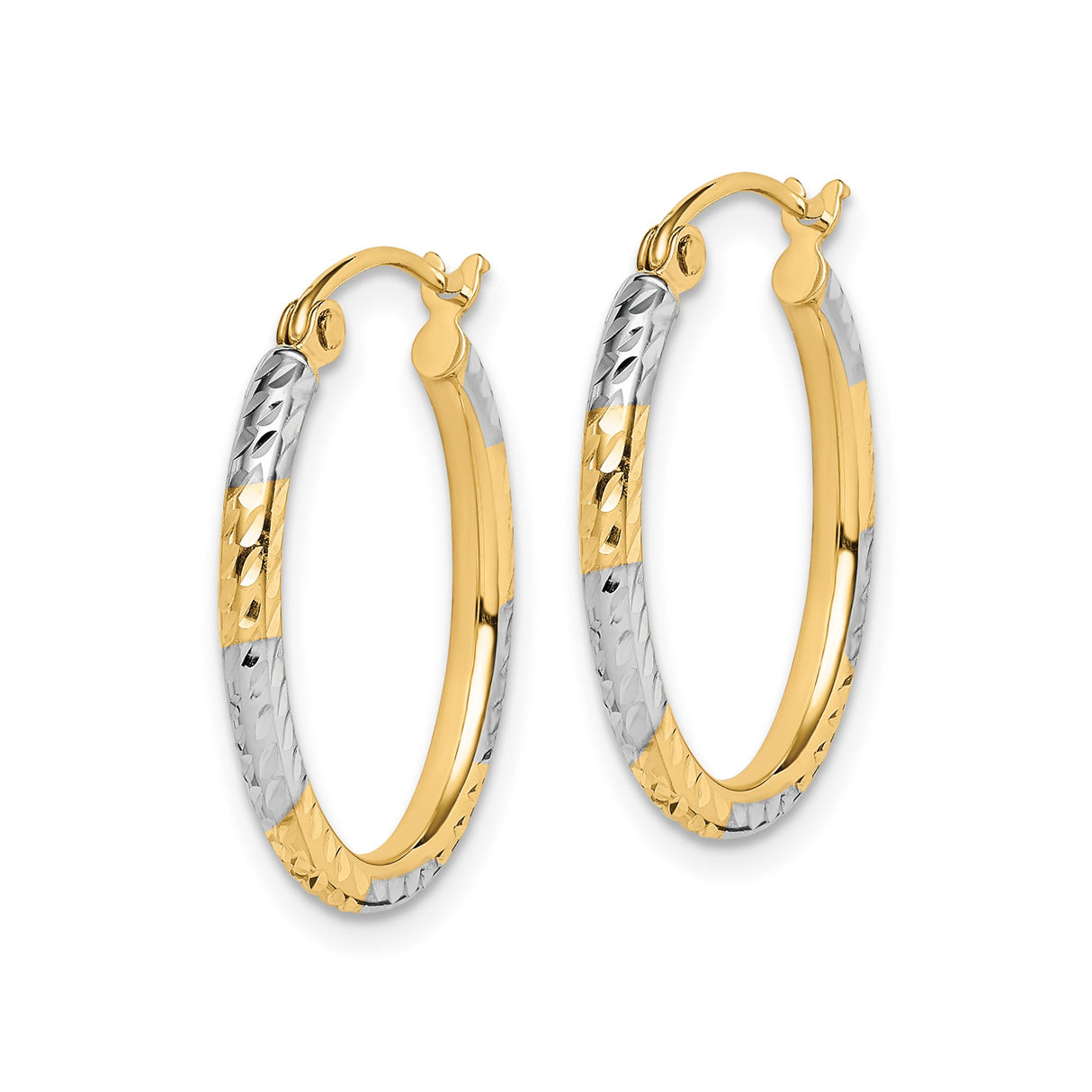 10k Yellow Gold Hoop Earrings, Two-Tone Rhodium Diamond-Cut Oval Design for Women