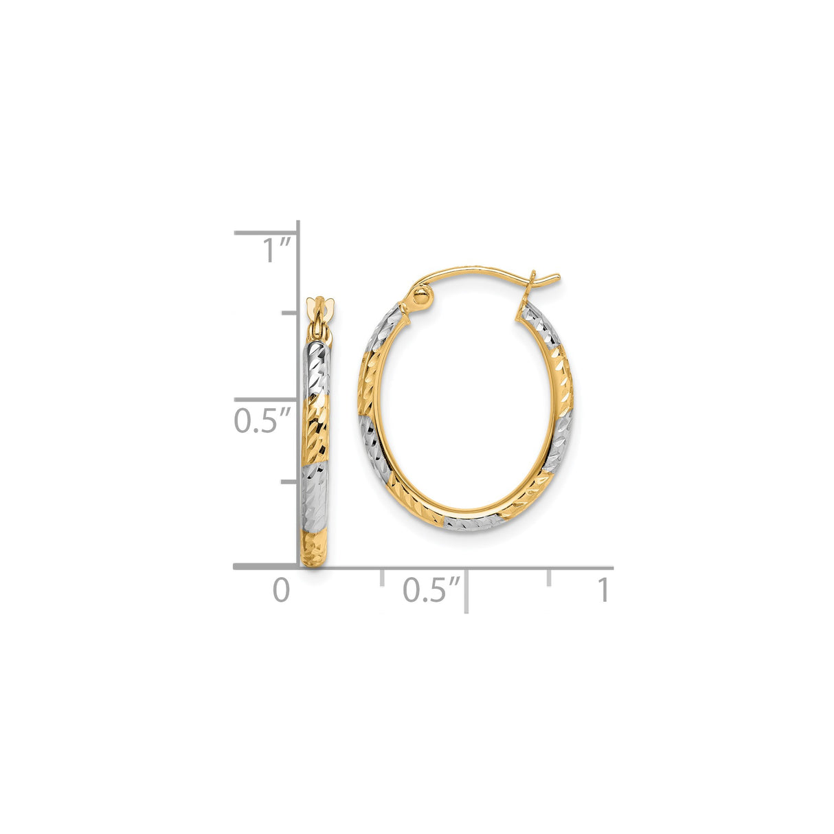 10k Yellow Gold Hoop Earrings, Two-Tone Rhodium Diamond-Cut Oval Design for Women