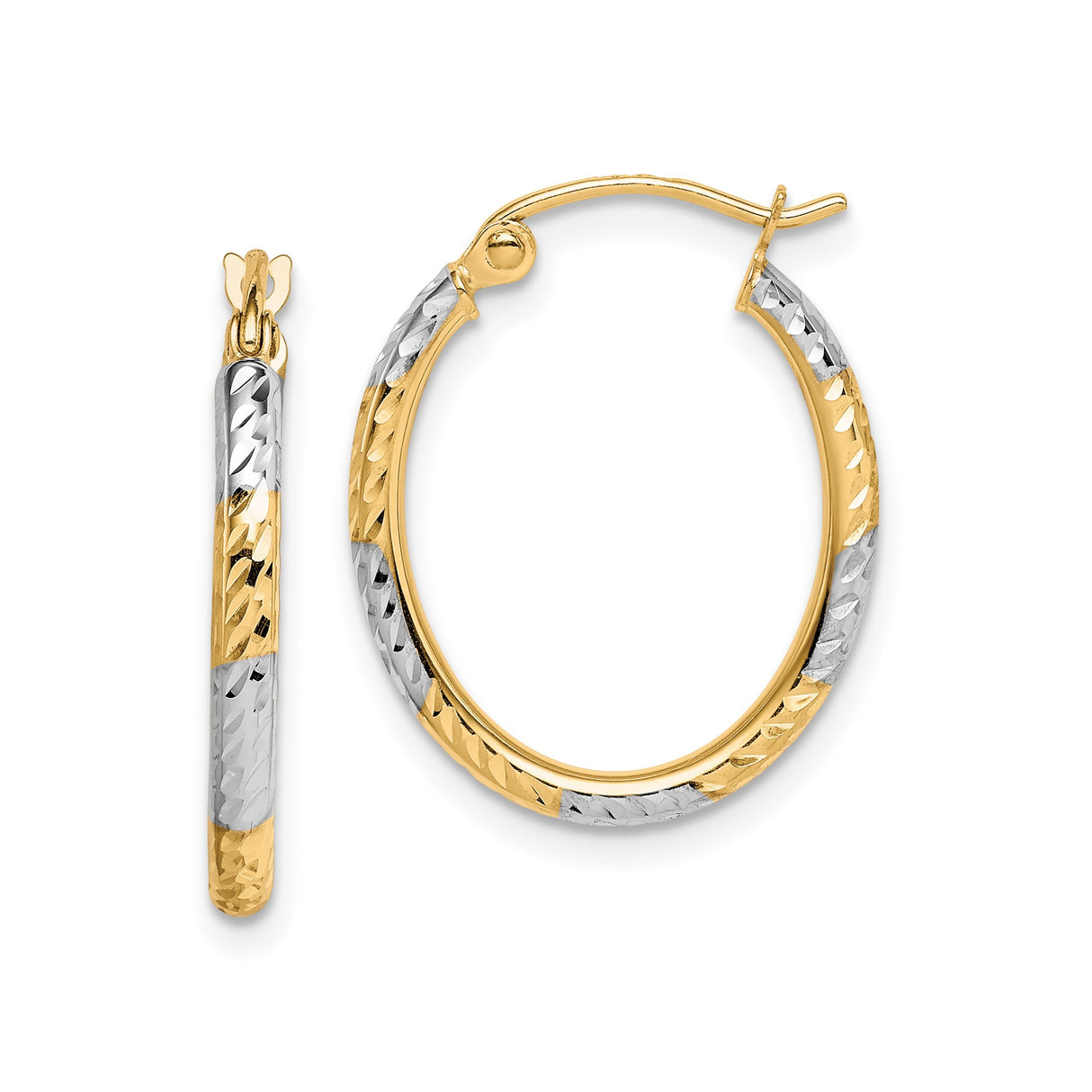 10k Yellow Gold Hoop Earrings, Two-Tone Rhodium Diamond-Cut Oval Design for Women