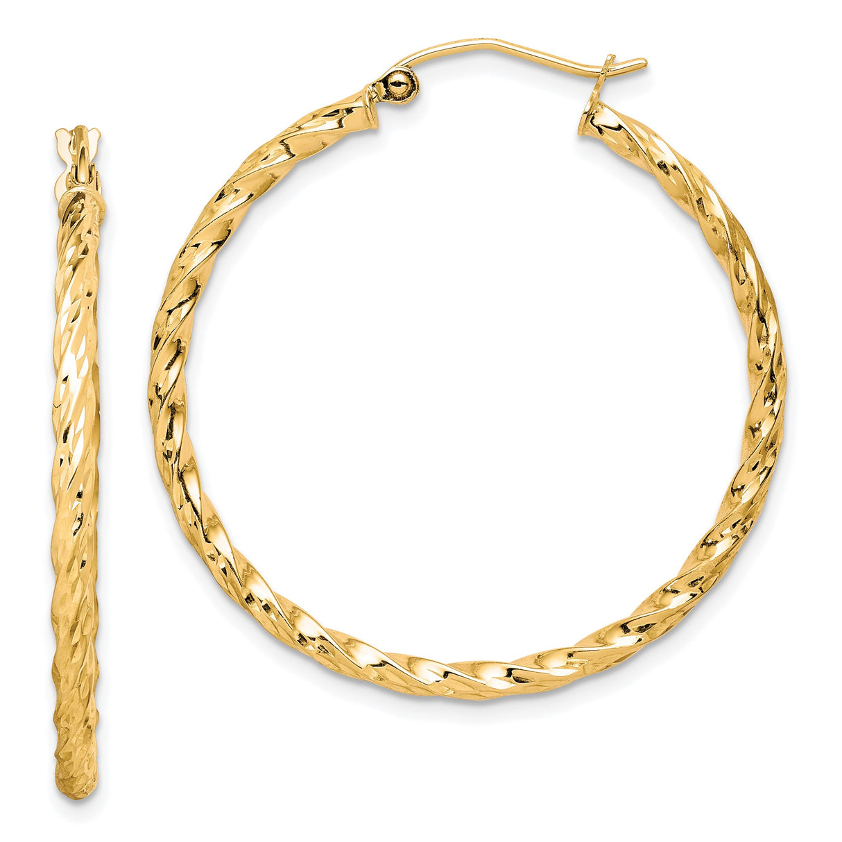 10k Yellow Gold Hoop Earrings, Twisted Braided Design, Lightweight Medium Size for Women
