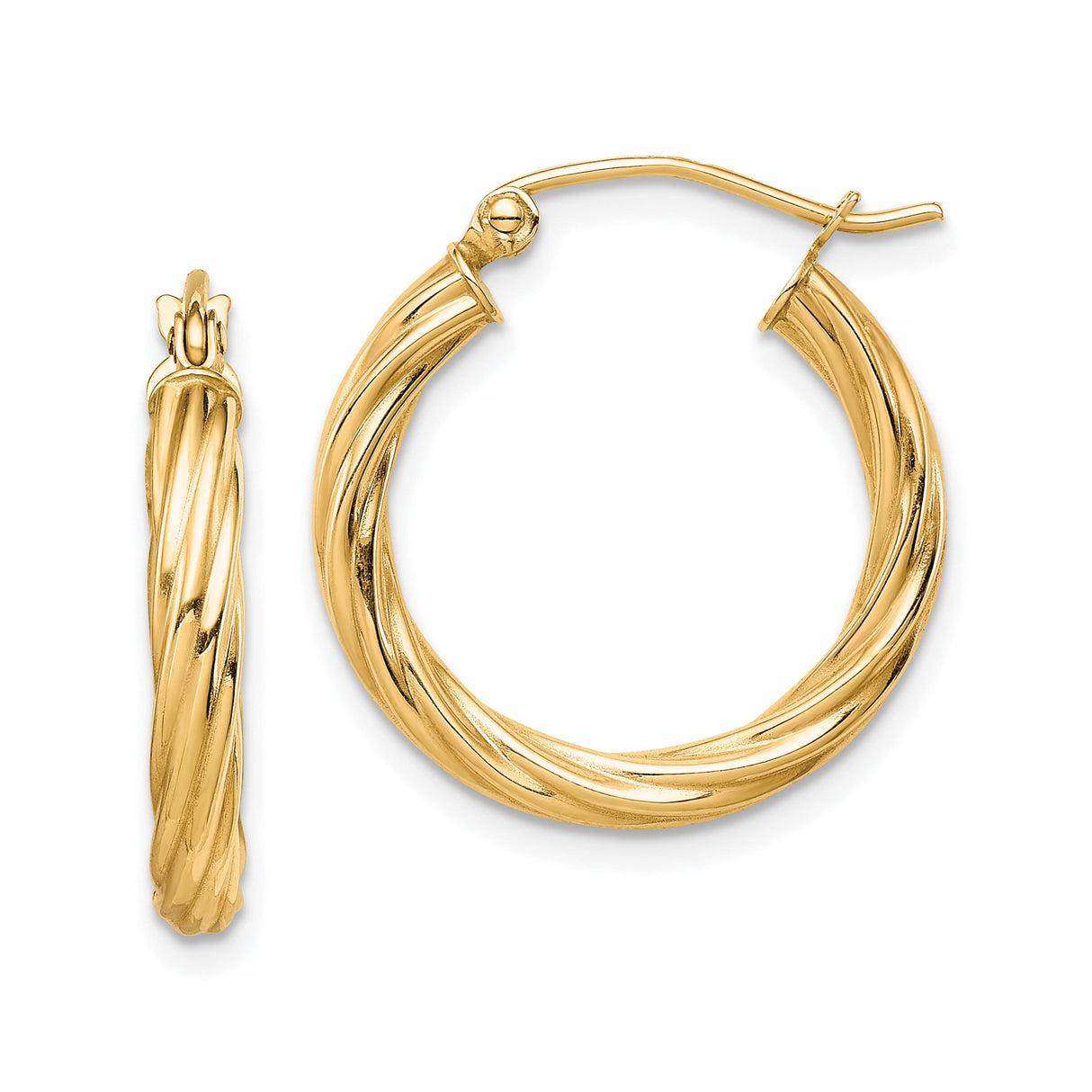 10k Yellow Gold Hoop Earrings, Twisted Rope Design, Lightweight Polished Style for Women