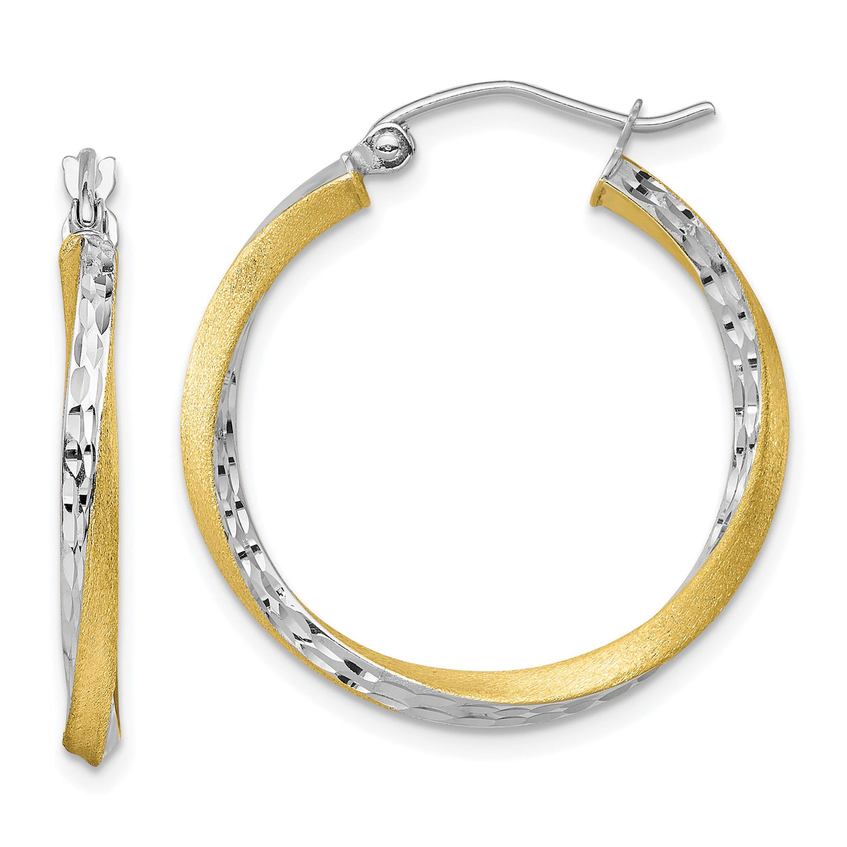 10k Yellow Gold Hoop Earrings, Twisted Two-Tone Polished Textured Design for Women
