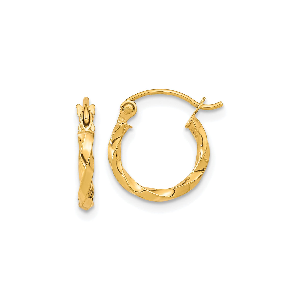 10k Yellow Gold Twisted Hoop Earrings, Small Braided Polished Lightweight Design for Women