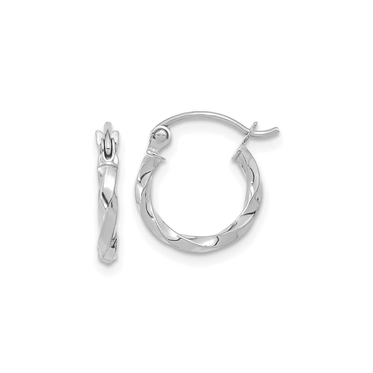 10k White Gold Hoop Earrings with Polished Twisted Design, Lightweight Latch Back Hoops for Women