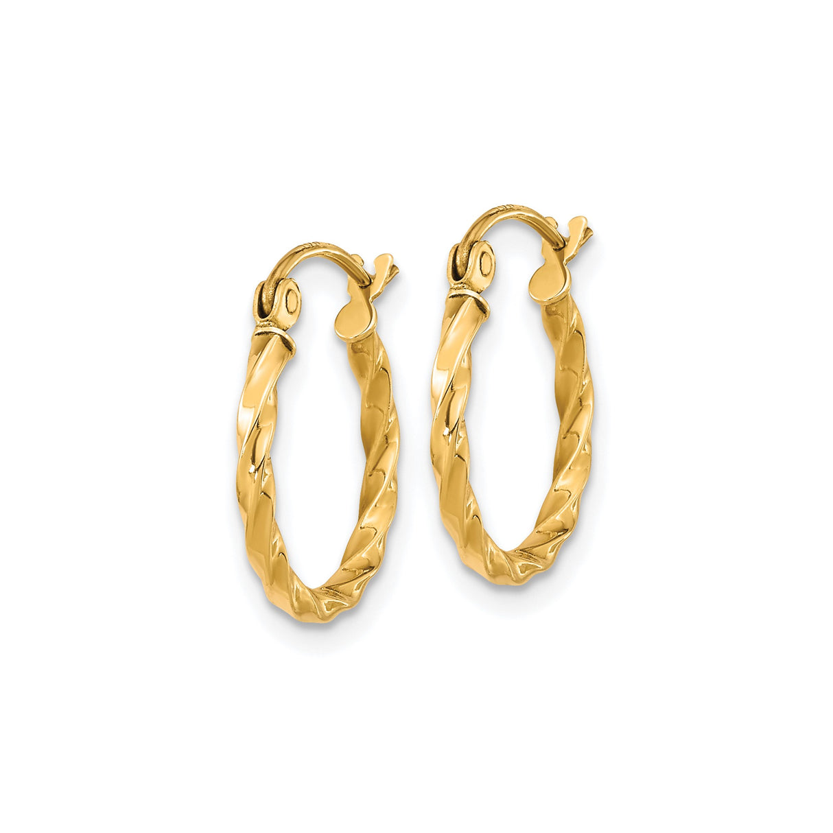 10k Yellow Gold Twisted Hoop Earrings, Polished Textured Round Hoops for Women