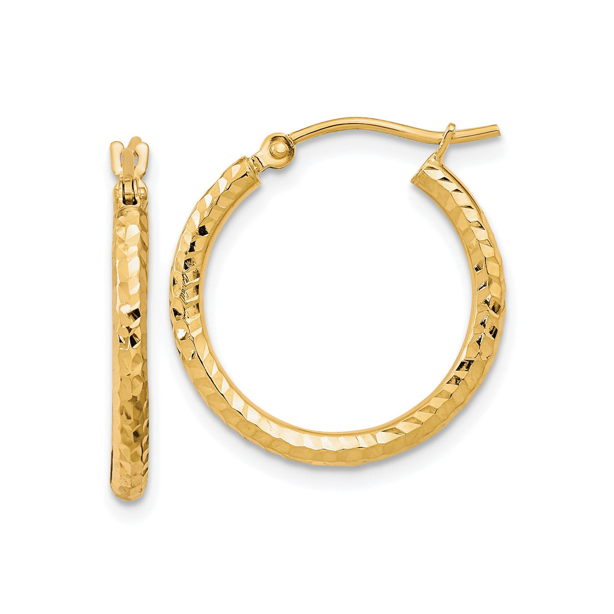 10k Yellow Gold Hoop Earrings with Hammered Faceted Finish, Textured Round Design for Women