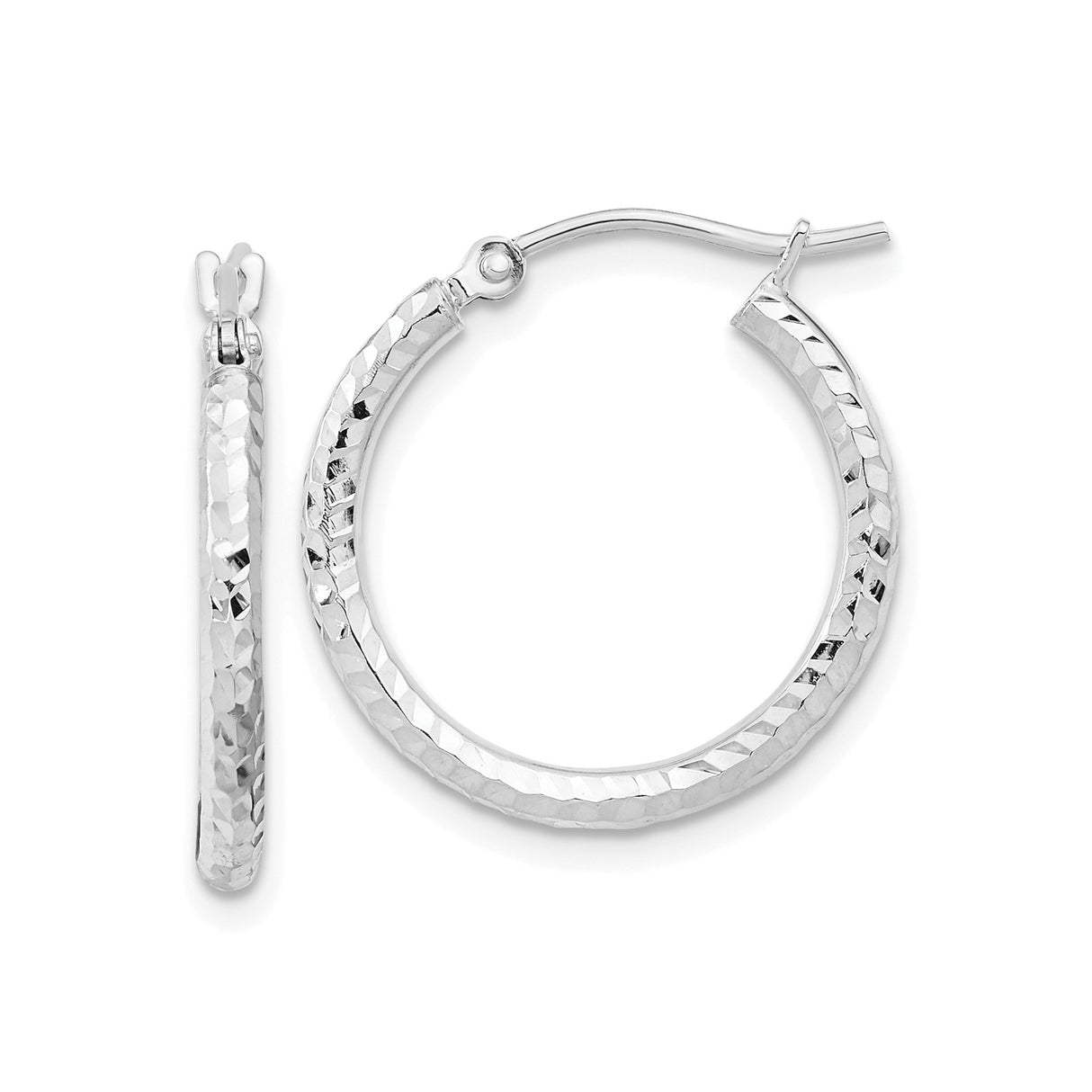 10k White Gold Hoop Earrings with Textured Hammered Finish, Lightweight Round Tube Design