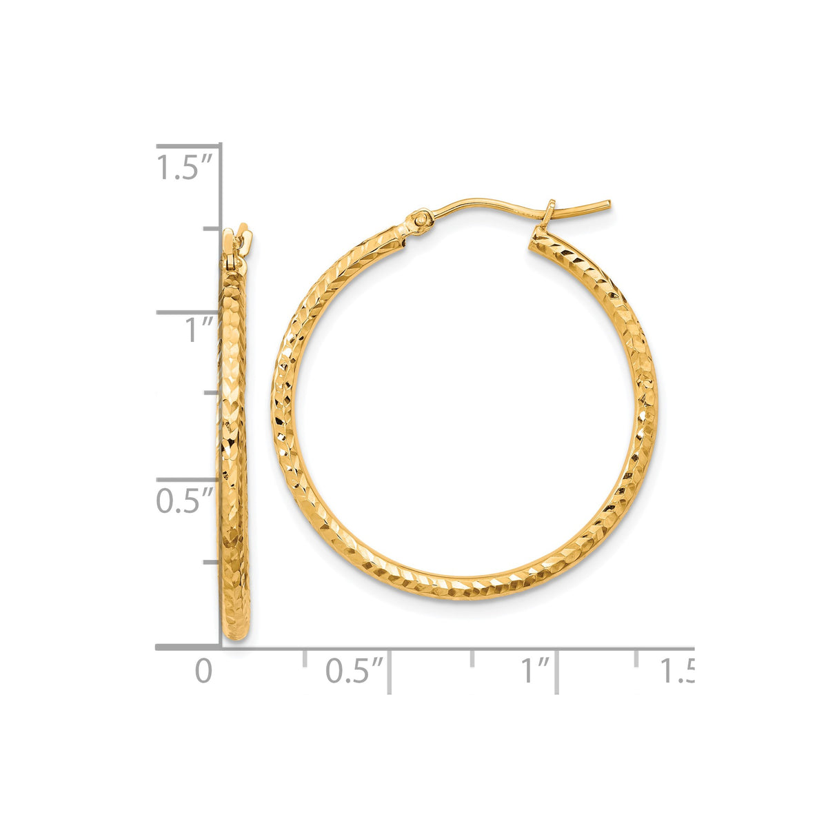 10k Yellow Gold Hoop Earrings, Hammered Diamond-Cut Round Tube with Textured Finish