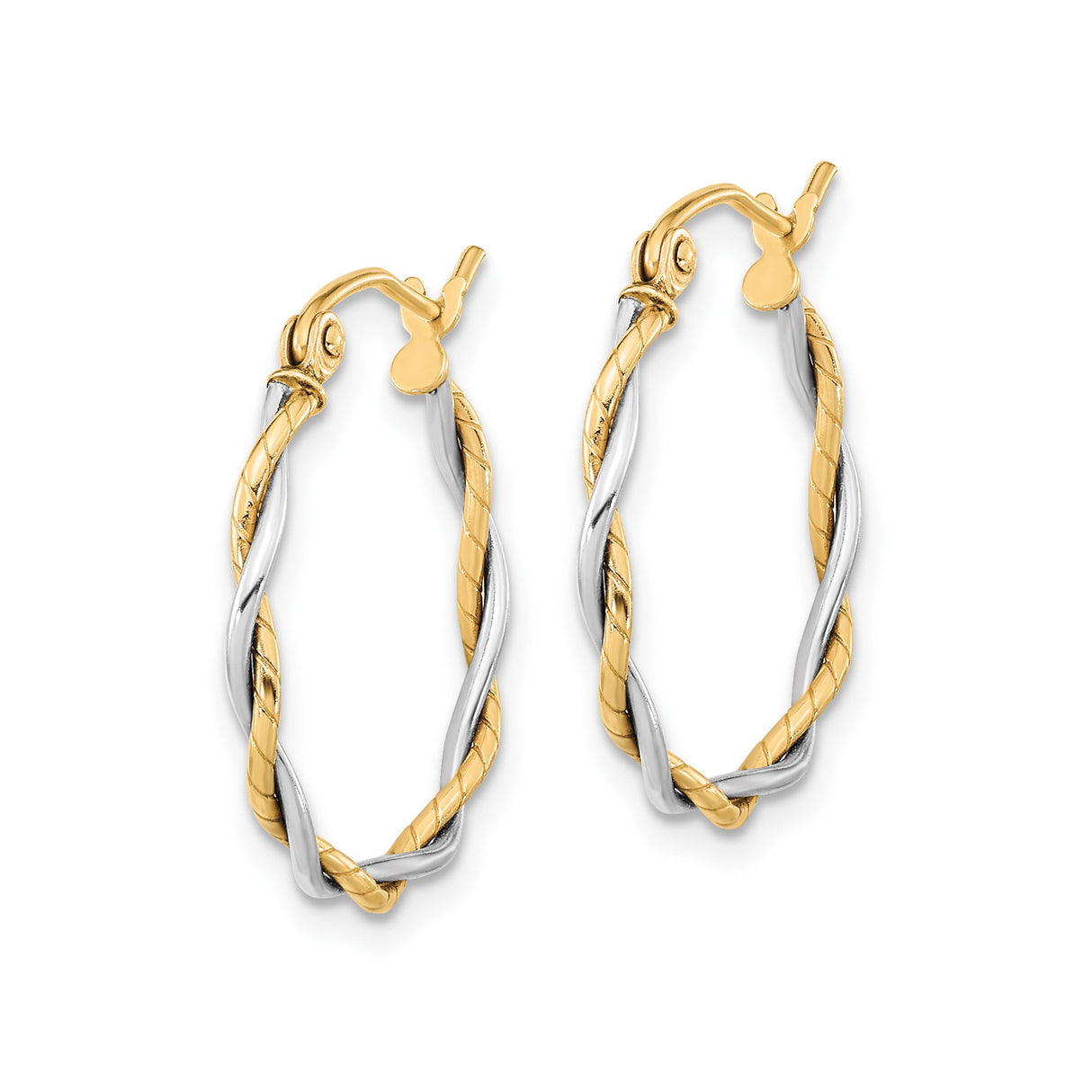 10k Yellow White Gold Hoop Earrings, Twisted Design with Polished Rope Texture for Women
