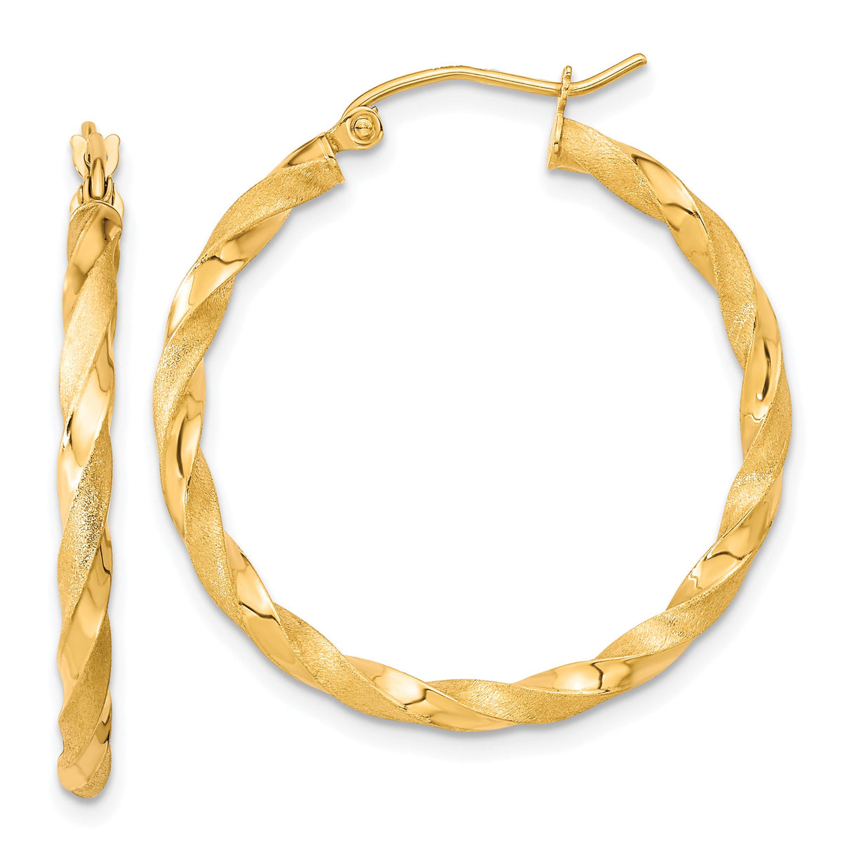 10k Yellow Gold Twisted Hoop Earrings with Satin Finish and High Polish
