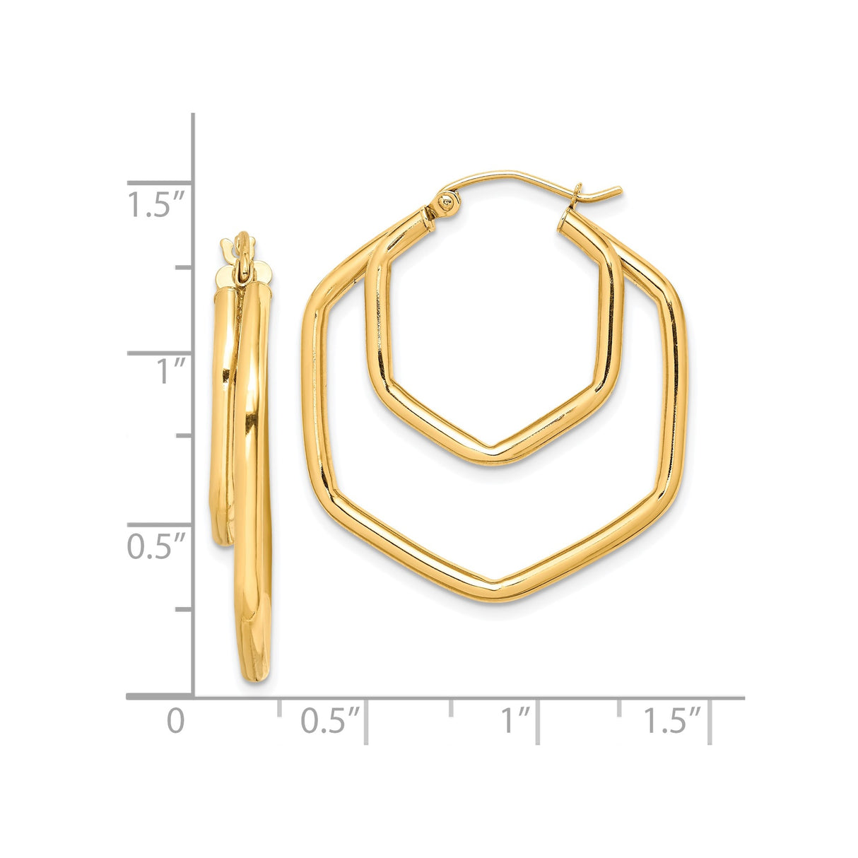 10k Yellow Gold Hexagon Hoop Earrings, Lightweight Geometric Design for Women