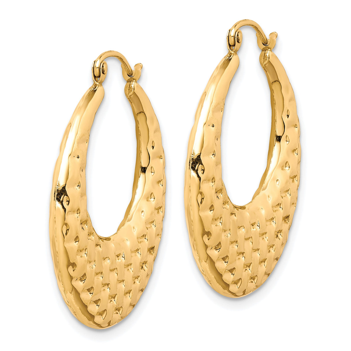 10k Yellow Gold Hoop Earrings with Textured Crescent Hammered Basketweave Design for Women