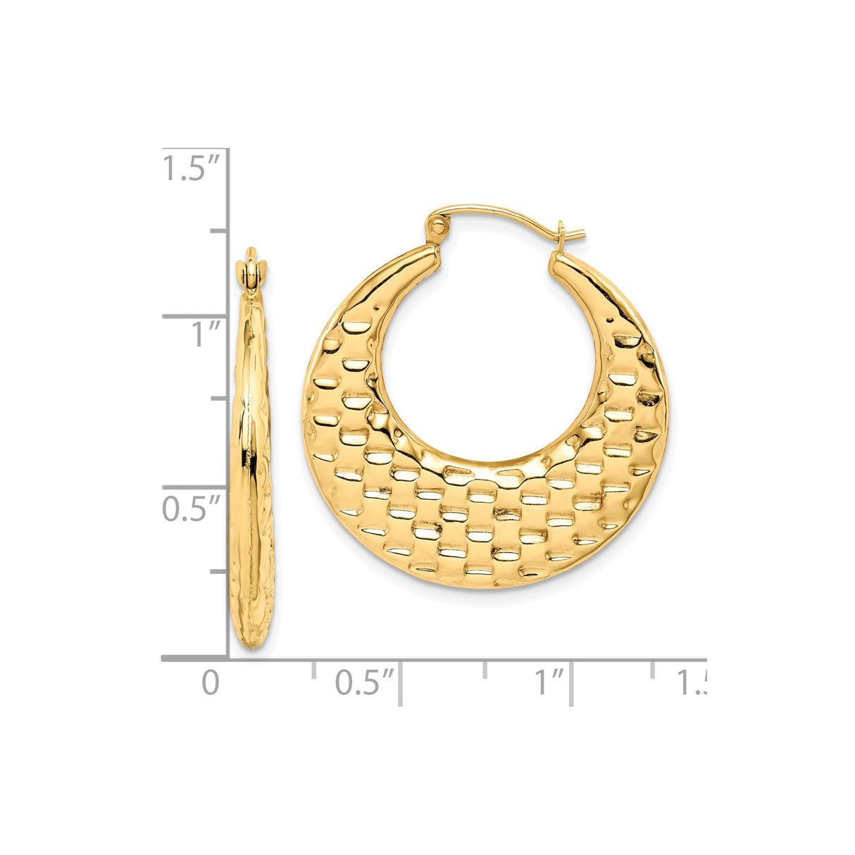 10k Yellow Gold Hoop Earrings with Textured Crescent Hammered Basketweave Design for Women