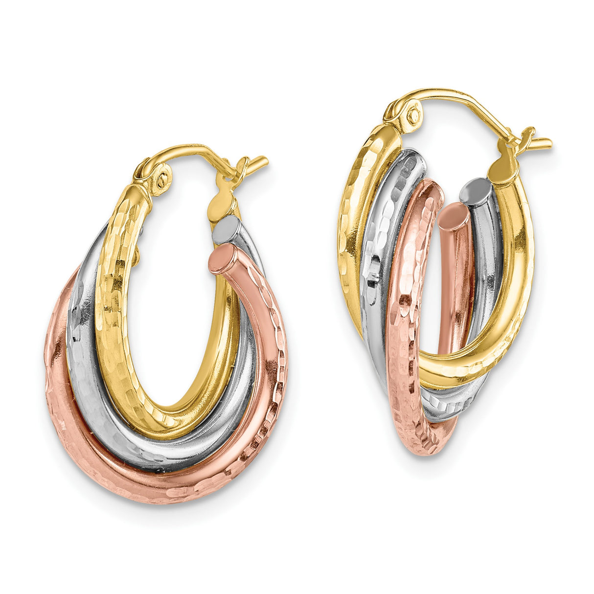 10k Yellow Gold Hoop Earrings, Tri-Color Intertwined Design with Hammered Finish