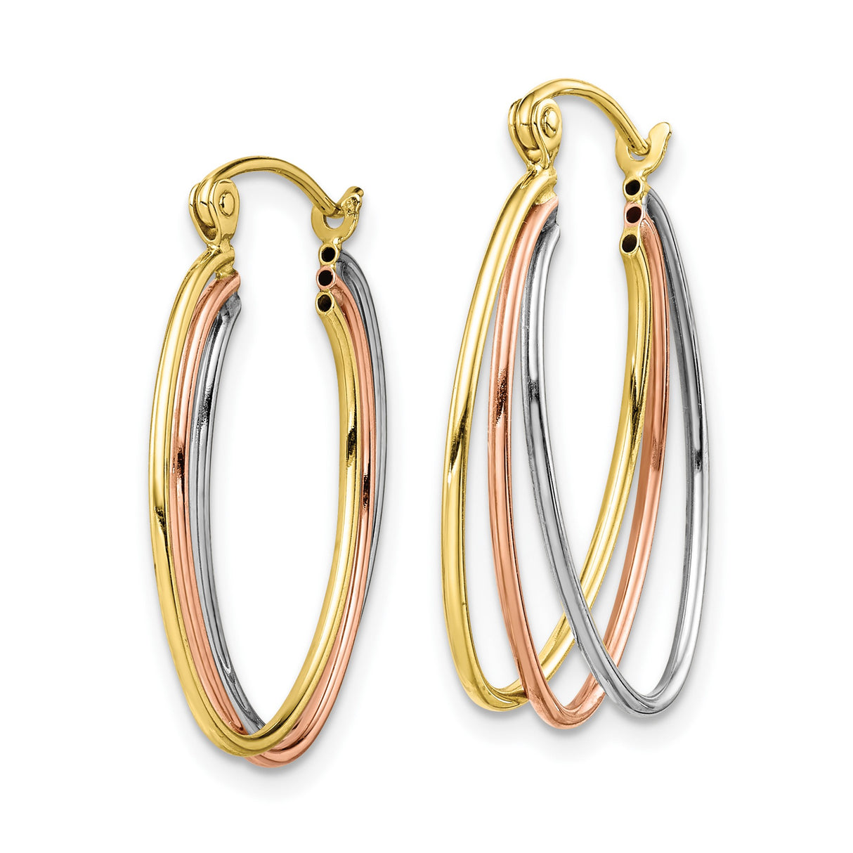10k Tri-Color Gold Hoop Earrings, Intertwined Yellow, White, and Rose Gold Oval Design