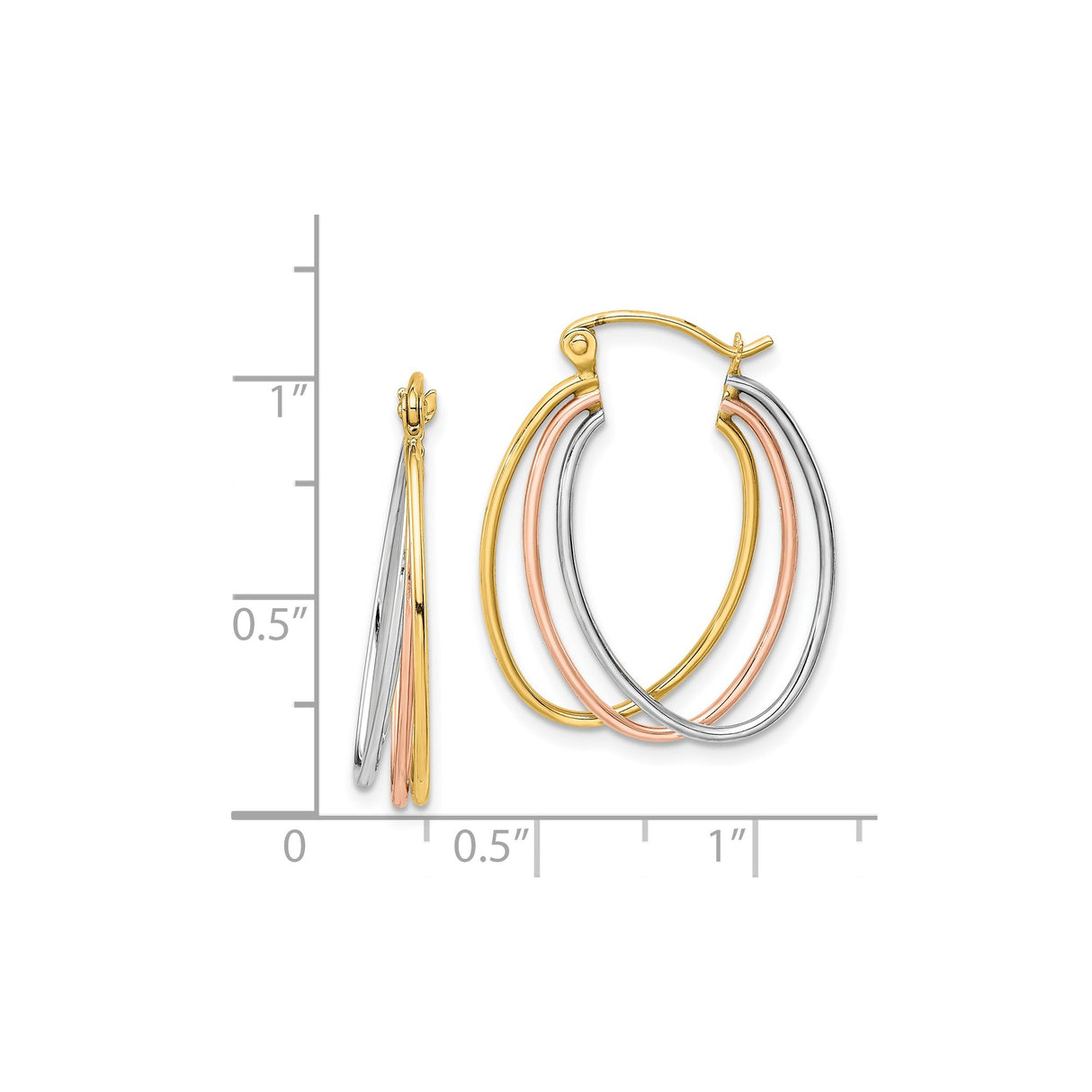10k Tri-Color Gold Hoop Earrings, Intertwined Yellow, White, and Rose Gold Oval Design