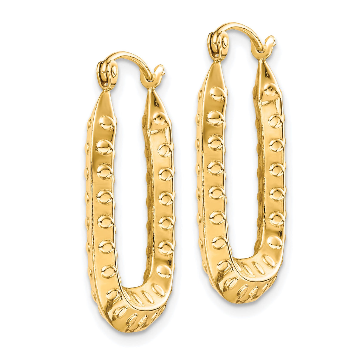 10k Yellow Gold Oval Hoop Earrings, Elongated Geometric Dotted Texture, Latch Back Closure