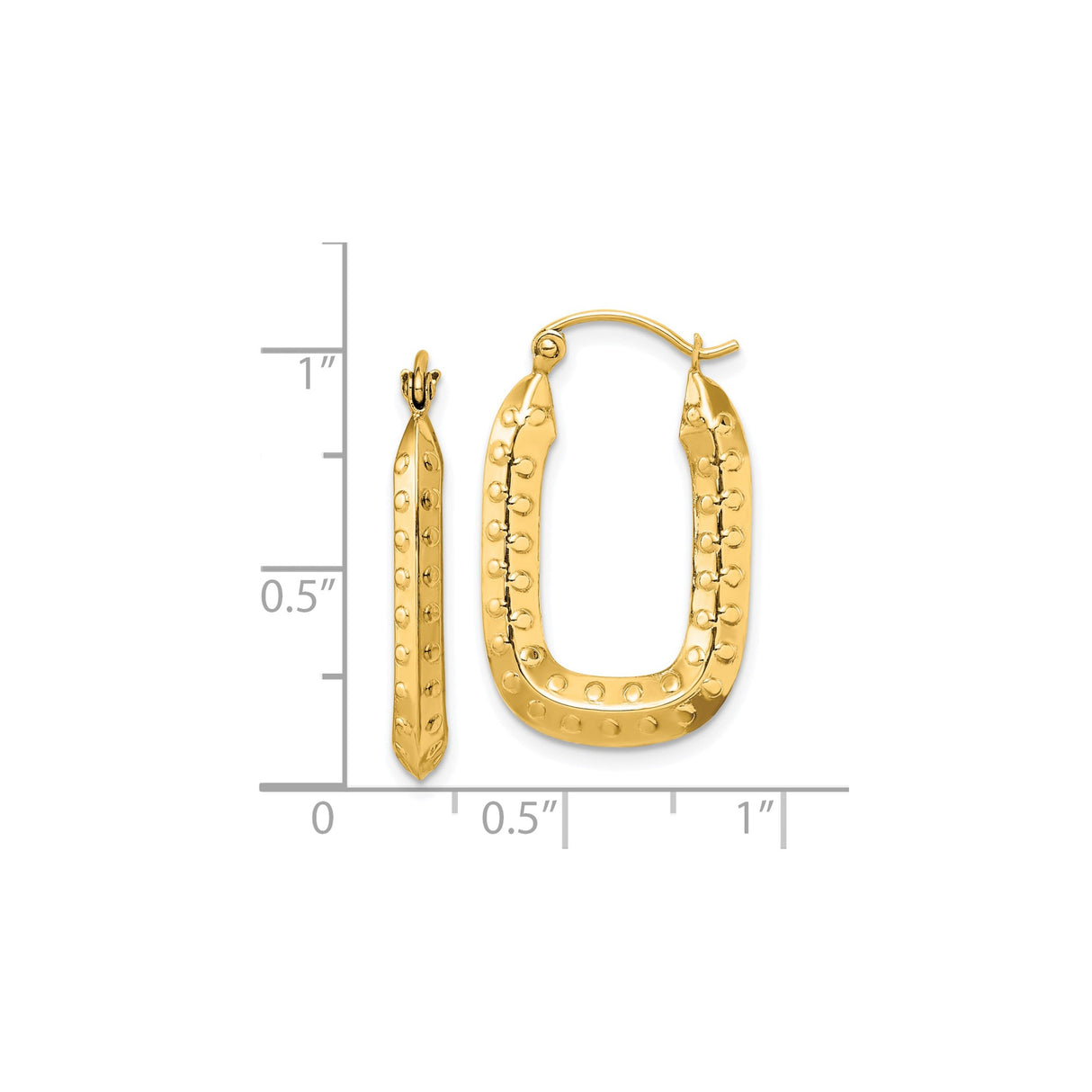 10k Yellow Gold Oval Hoop Earrings, Elongated Geometric Dotted Texture, Latch Back Closure