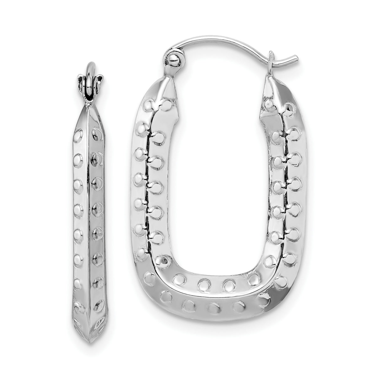 10k White Gold Hoop Earrings, Rectangular Textured Design, Polished Finish, Lightweight Modern Style