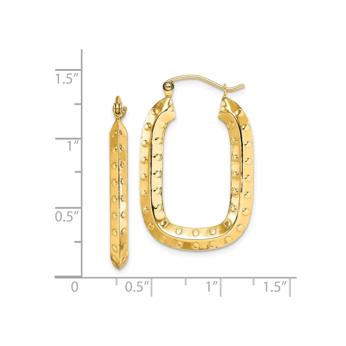 10k Yellow Gold Rectangular Hoop Earrings with Dotted Texture, Bold Lightweight Design