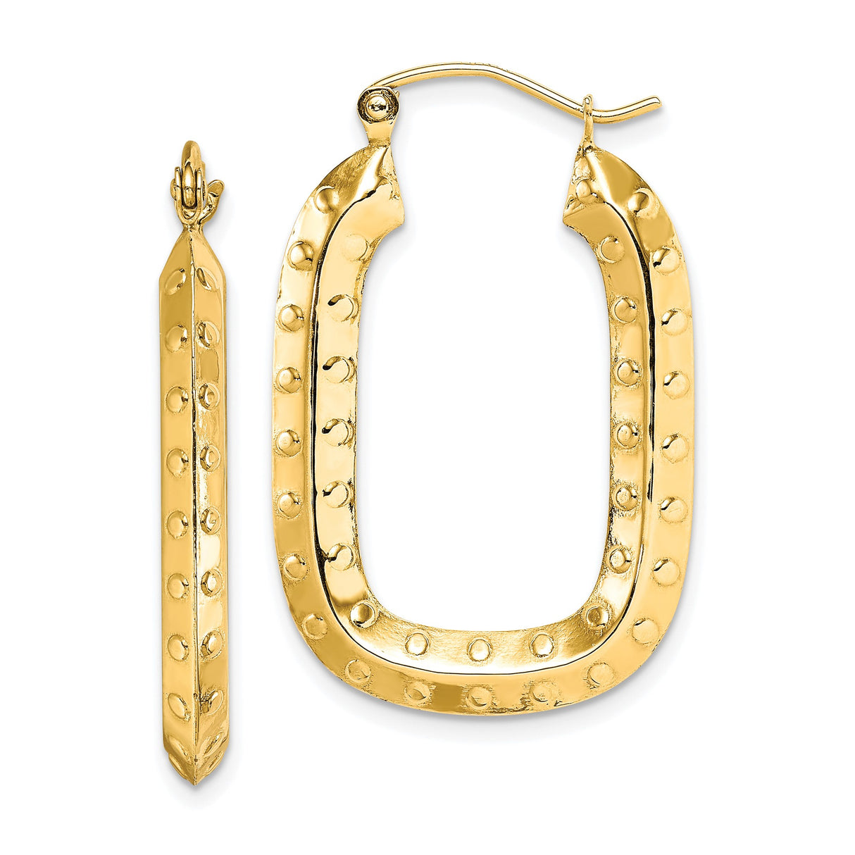 10k Yellow Gold Rectangular Hoop Earrings with Dotted Texture, Bold Lightweight Design