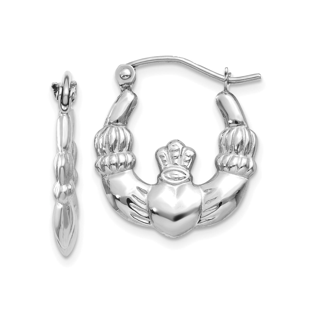 10k White Gold Claddagh Hoop Earrings with Heart and Crown Design for Women
