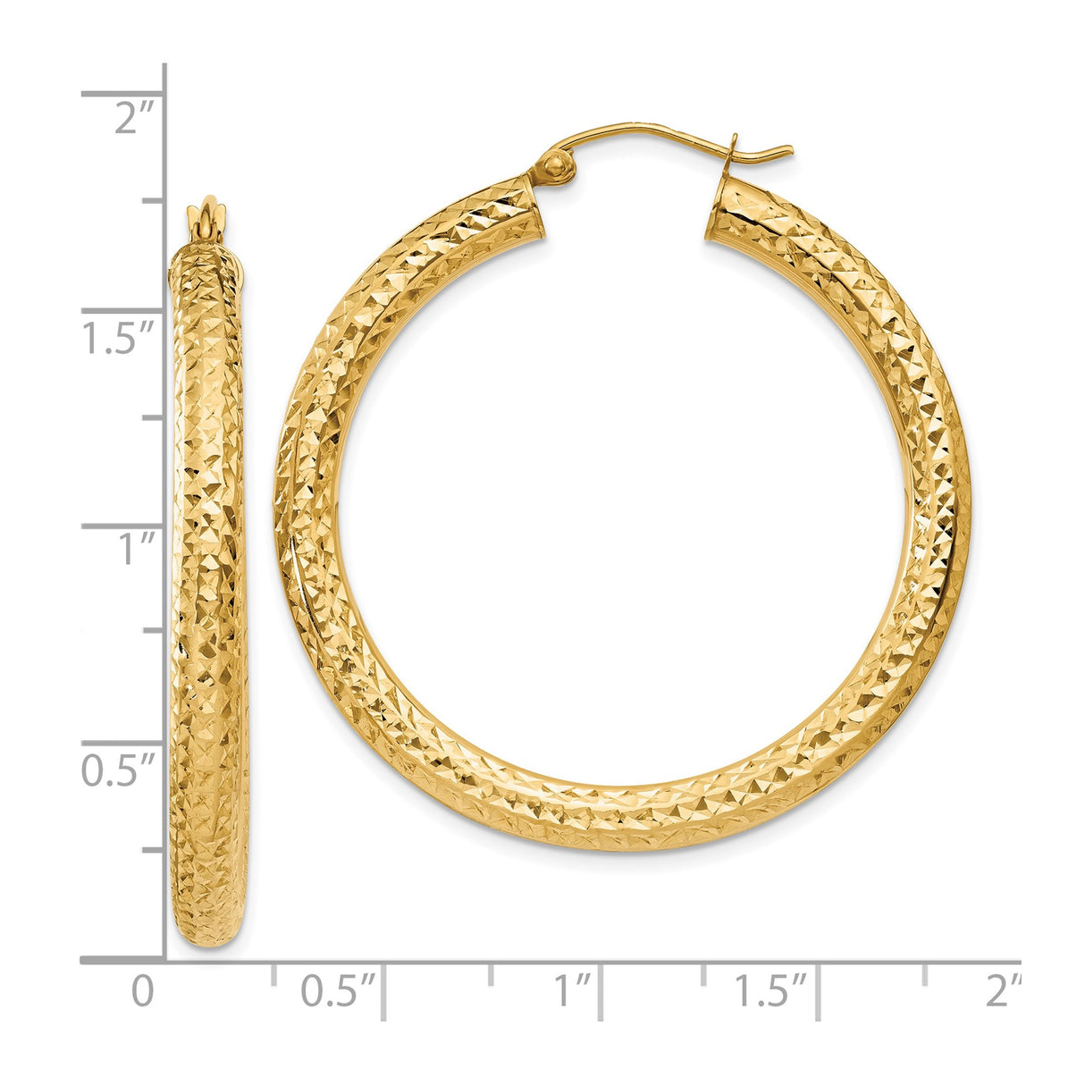 10k Yellow Gold Hoop Earrings, Textured Diamond Cut Design, Latch Back, Lightweight Round Style for Women