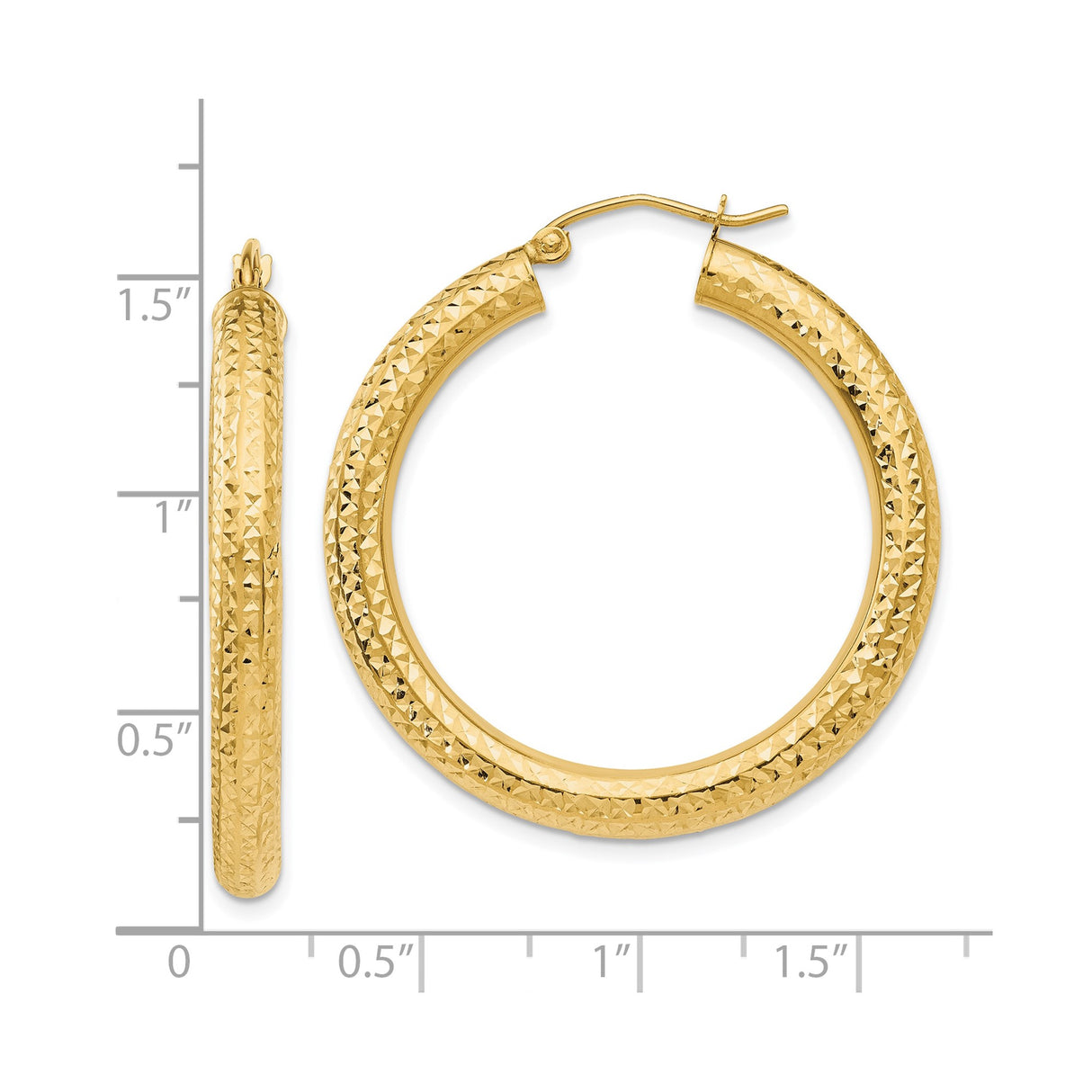 10k Yellow Gold Hoop Earrings, Textured Diamond Cut, Lightweight Classic Round Design for Women