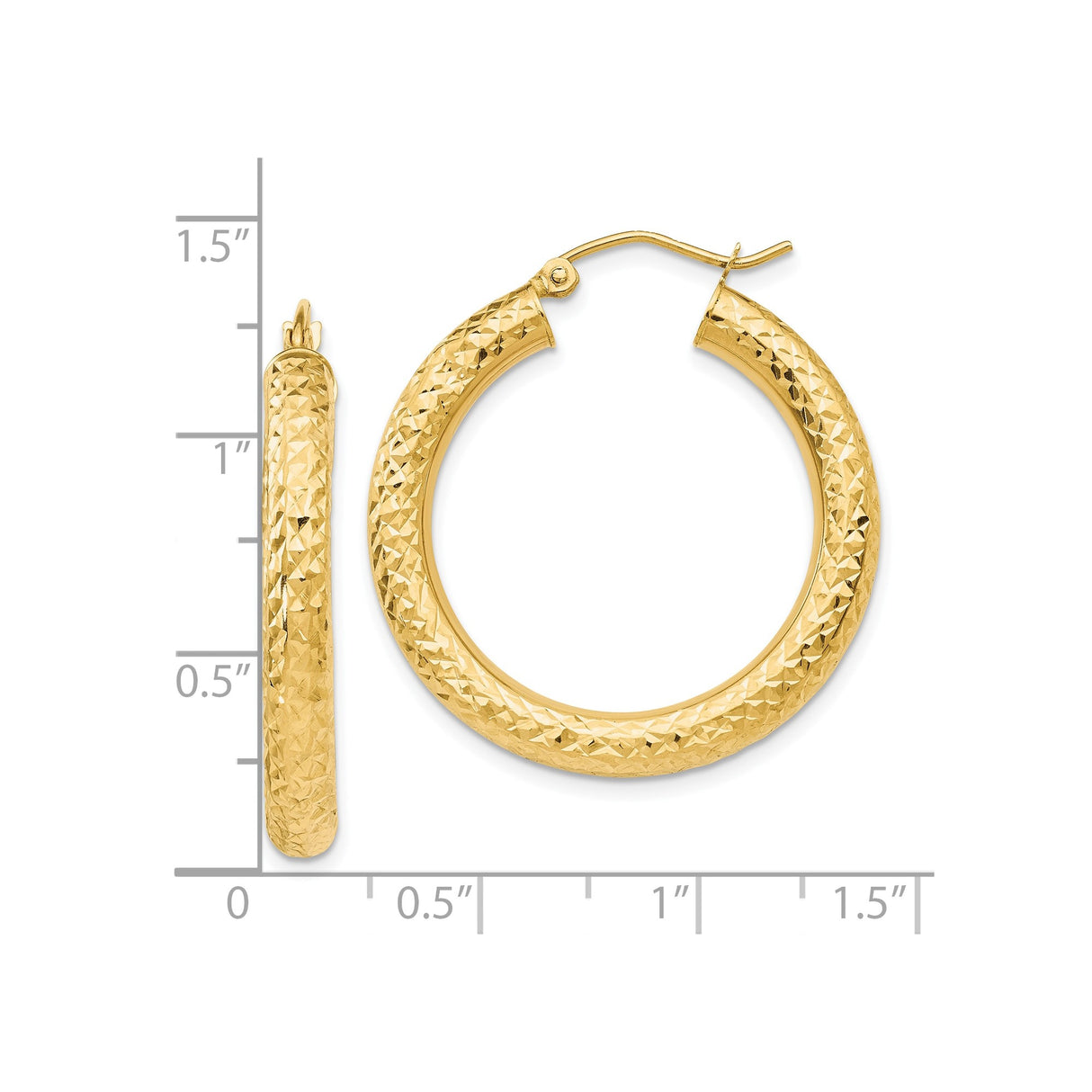 10k Yellow Gold Hoop Earrings, Textured Diamond-Cut Finish, Hinged Closure, Classic Bold Style