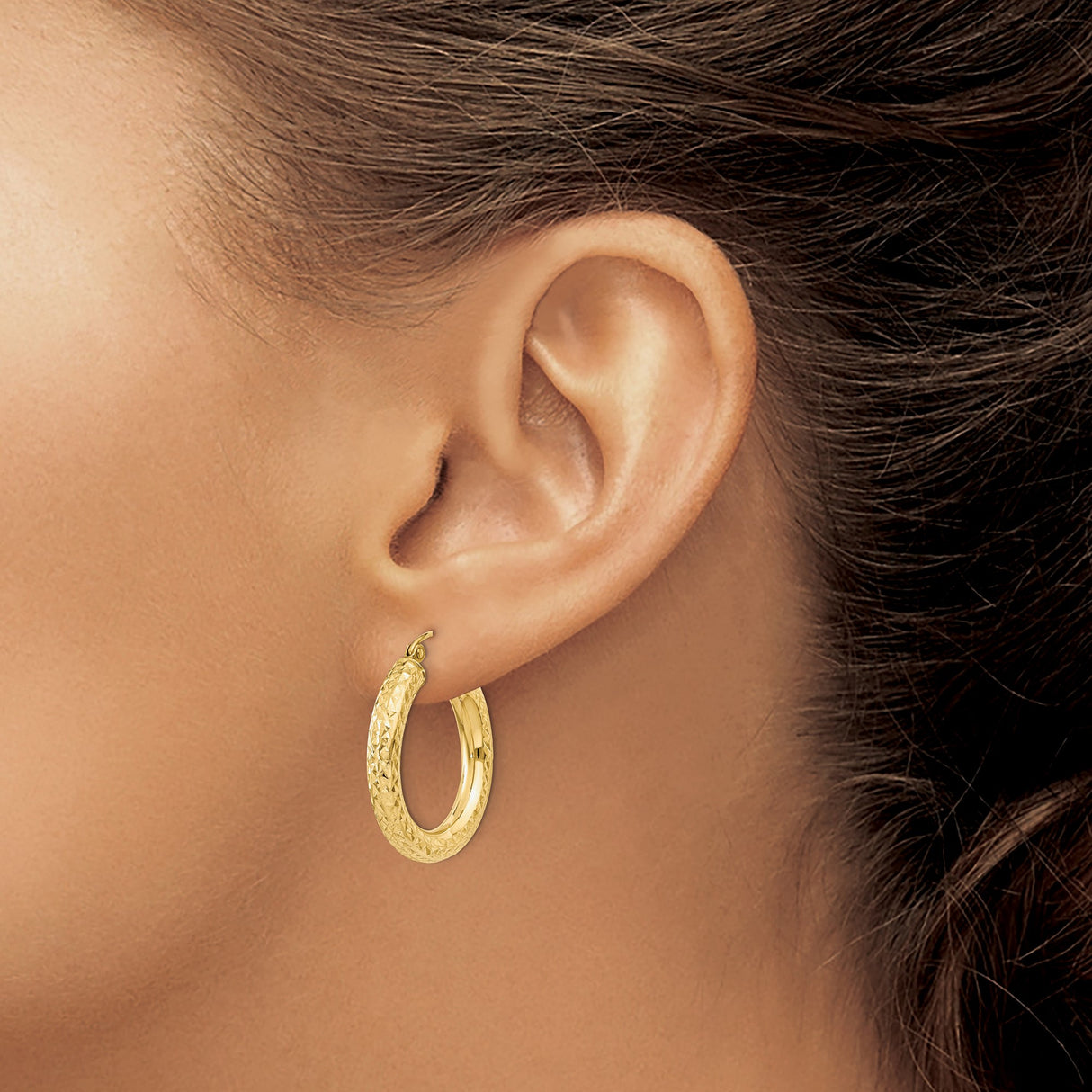 10k Yellow Gold Hoop Earrings, Textured Diamond Cut Finish, Classic Lightweight Style for Women