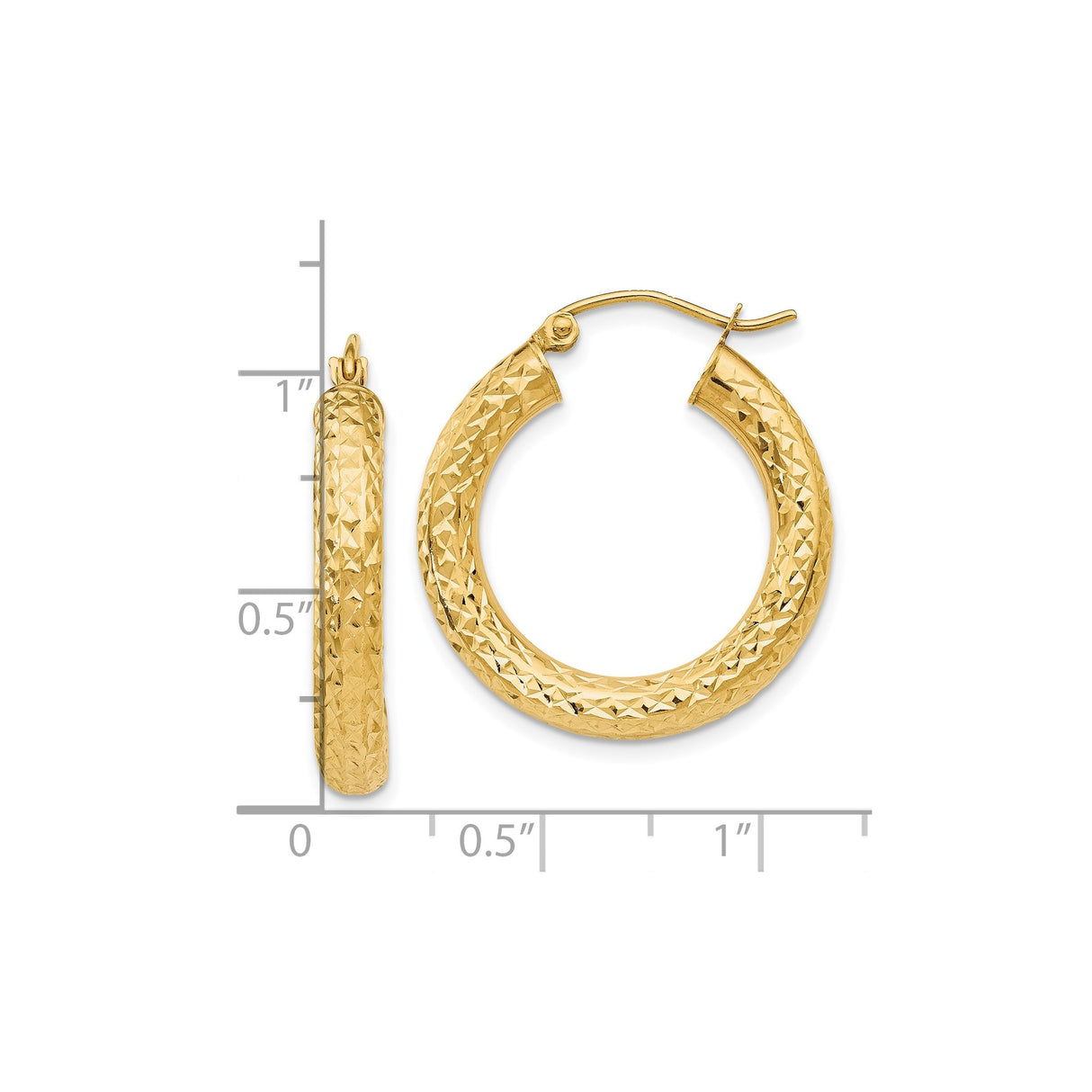 10k Yellow Gold Hoop Earrings, Textured Diamond Cut Finish, Classic Lightweight Style for Women