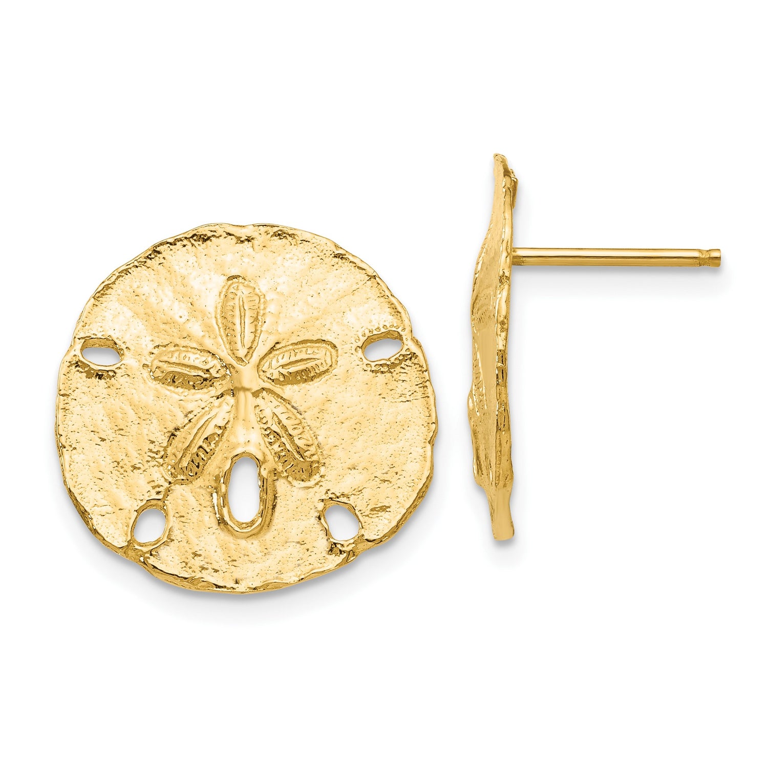 10k Yellow Gold Sand Dollar Stud Earrings with Textured Coastal Design for Women