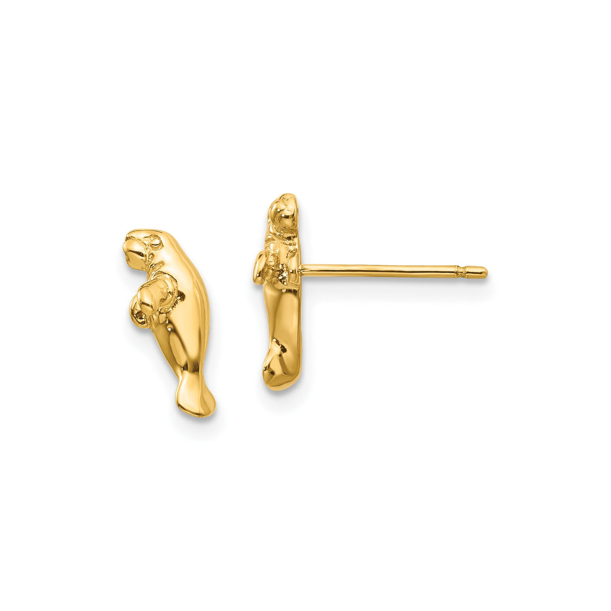 10k Yellow Gold Manatee Stud Earrings, Sea Cow Design, Ocean-Inspired Animal Jewelry