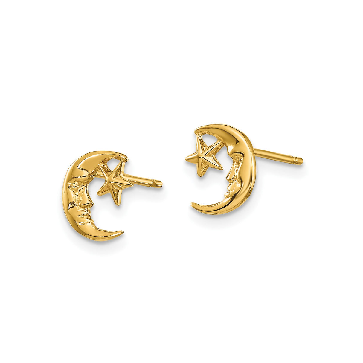 10k Yellow Gold Crescent Moon Face Stud Earrings with Star Design, Celestial Jewelry