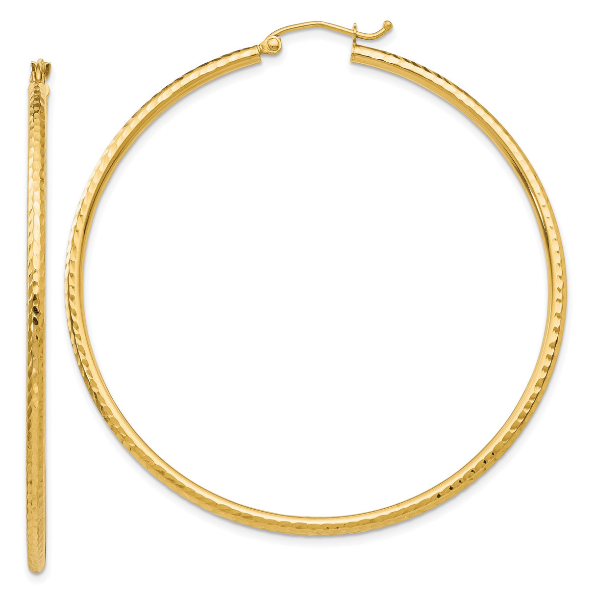 10k Yellow Gold Hoop Earrings, Large Round Hammered Texture, Lightweight High Polish Dome Style